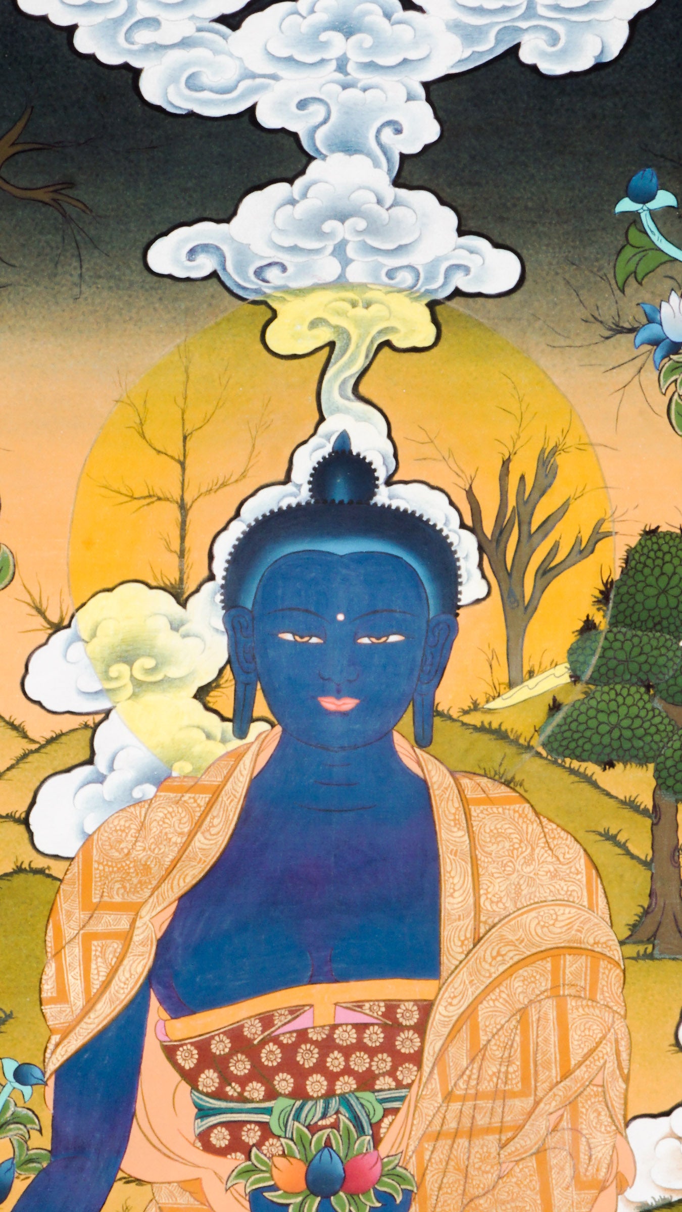 Medicine Buddha Thangka is a genuine Tibetan Buddhist painting that represents healing, balance, and spiritual protection. Painted in deep lapis blue, the Medicine Buddha holds the arura plant and a nectar bowl, symbolizing the power to heal illness and purify negative energy.
