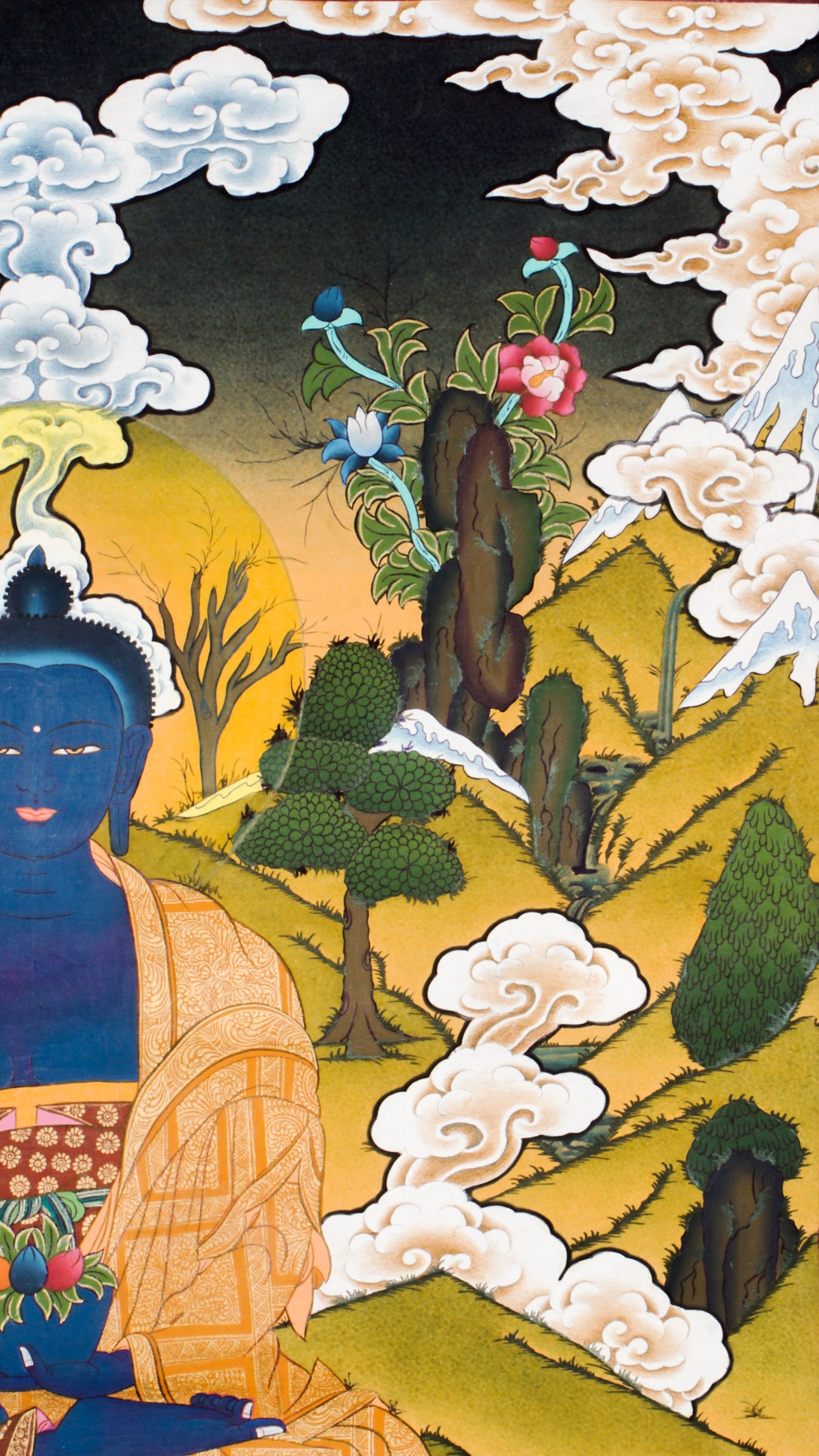 Medicine Buddha Thangka is a genuine Tibetan Buddhist painting that represents healing, balance, and spiritual protection. Painted in deep lapis blue, the Medicine Buddha holds the arura plant and a nectar bowl, symbolizing the power to heal illness and purify negative energy.