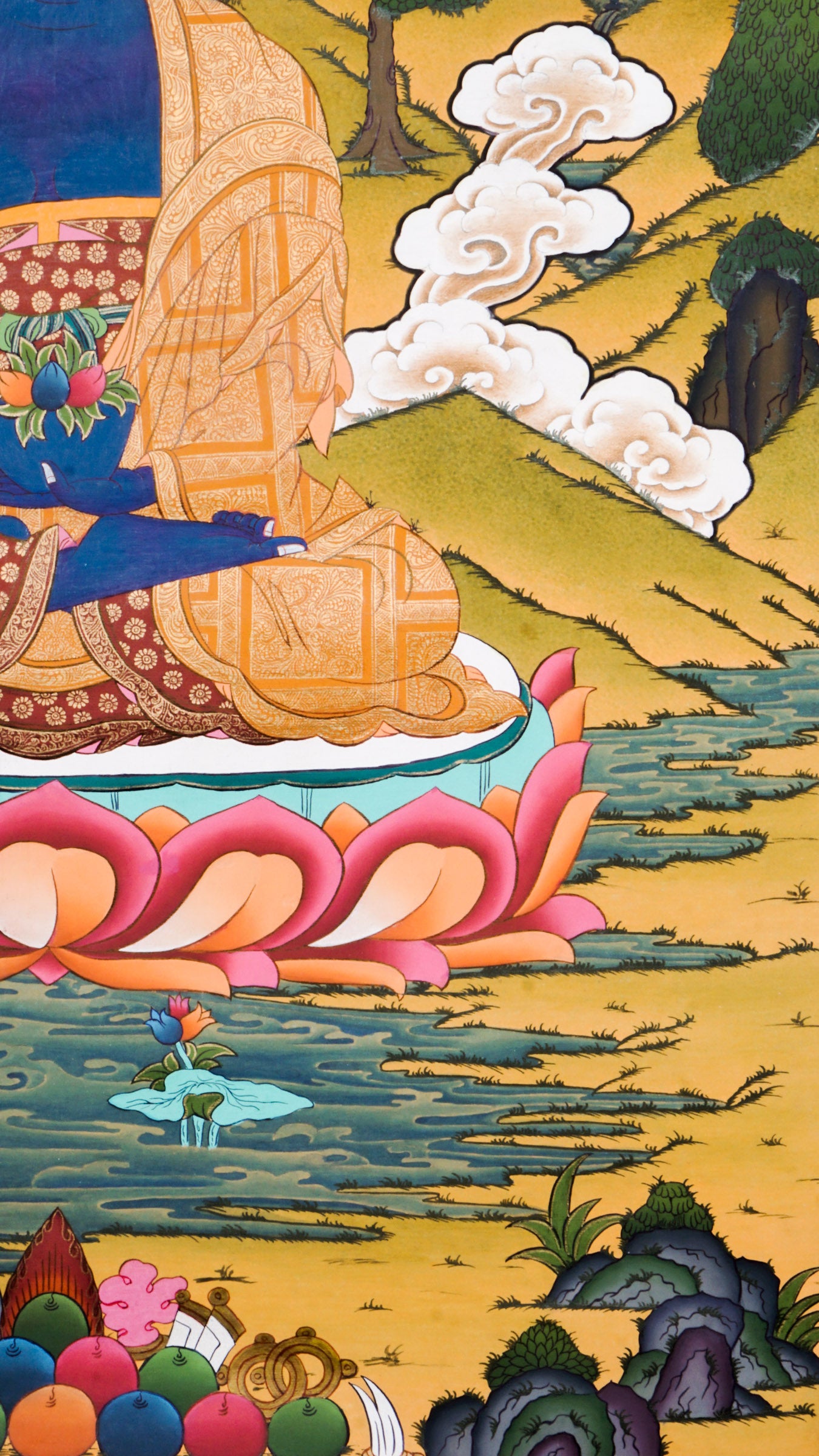 Medicine Buddha Thangka is a genuine Tibetan Buddhist painting that represents healing, balance, and spiritual protection. Painted in deep lapis blue, the Medicine Buddha holds the arura plant and a nectar bowl, symbolizing the power to heal illness and purify negative energy.