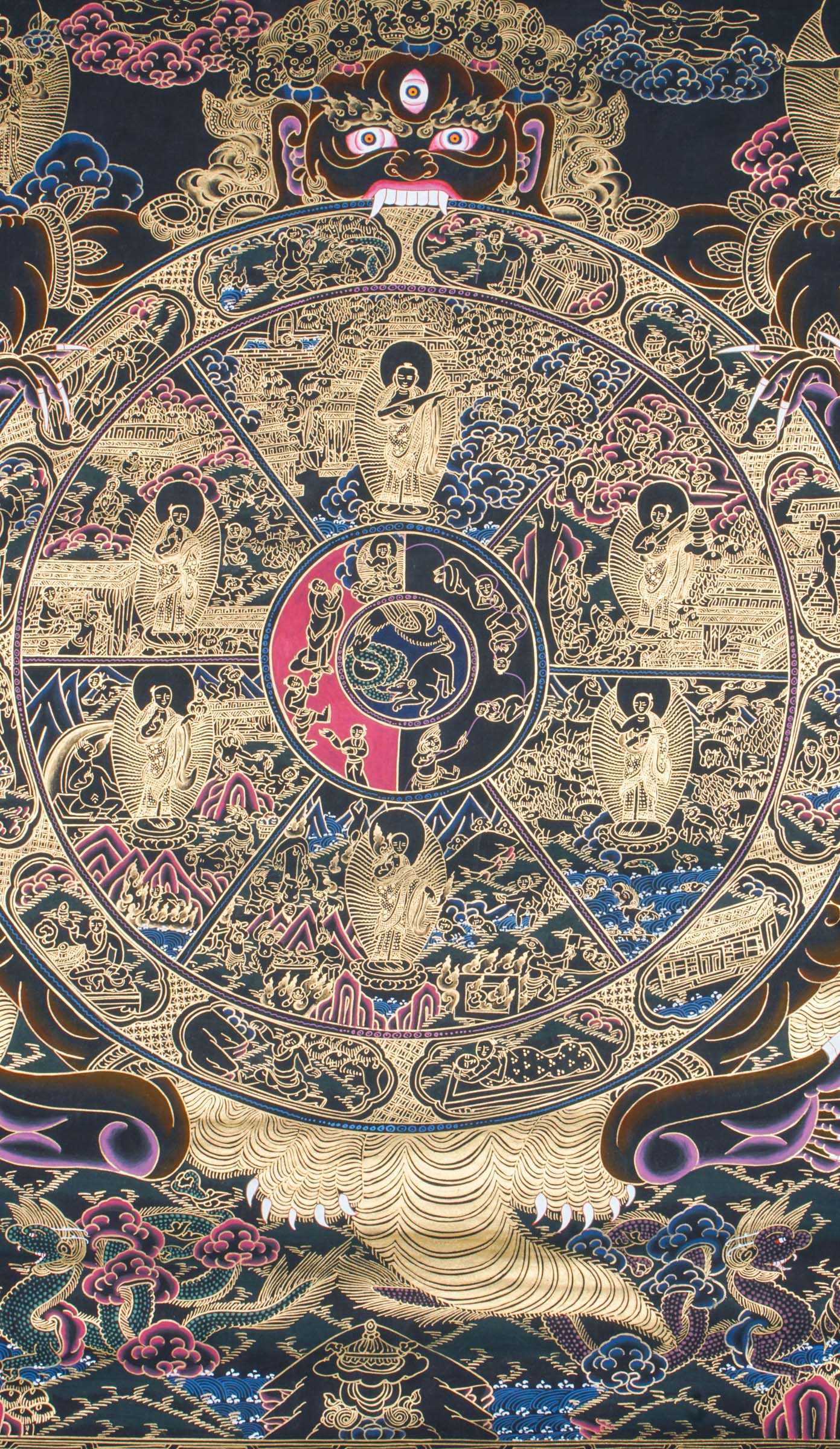 The Bhavachakra Thangka, also known as the Wheel of Life, is a traditional Tibetan Buddhist thangka that illustrates the cycle of samsara, karma, and rebirth. Hand-painted with natural pigments, this sacred artwork is ideal for meditation, spiritual reflection, and authentic Buddhist home decor.