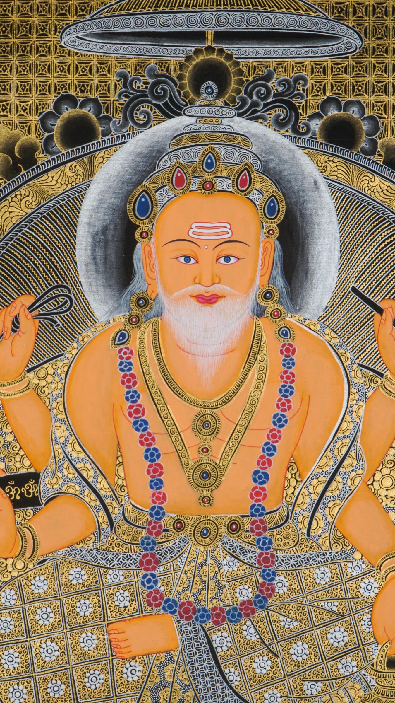 Hand-painted Vishwakarma Thangka painting depicting the Hindu god of creation and craftsmanship, sacred traditional art with intricate gold detailing, ideal for temple decor, spiritual spaces, and artisan-inspired wall art.