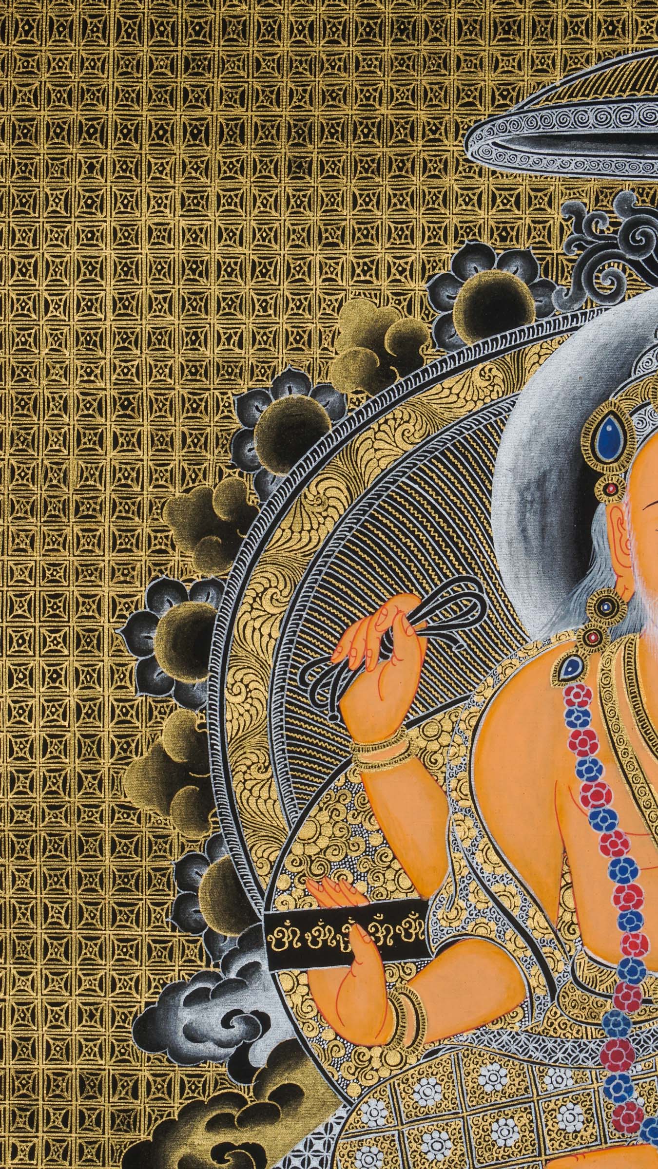 Hand-painted Vishwakarma Thangka painting depicting the Hindu god of creation and craftsmanship, sacred traditional art with intricate gold detailing, ideal for temple decor, spiritual spaces, and artisan-inspired wall art.