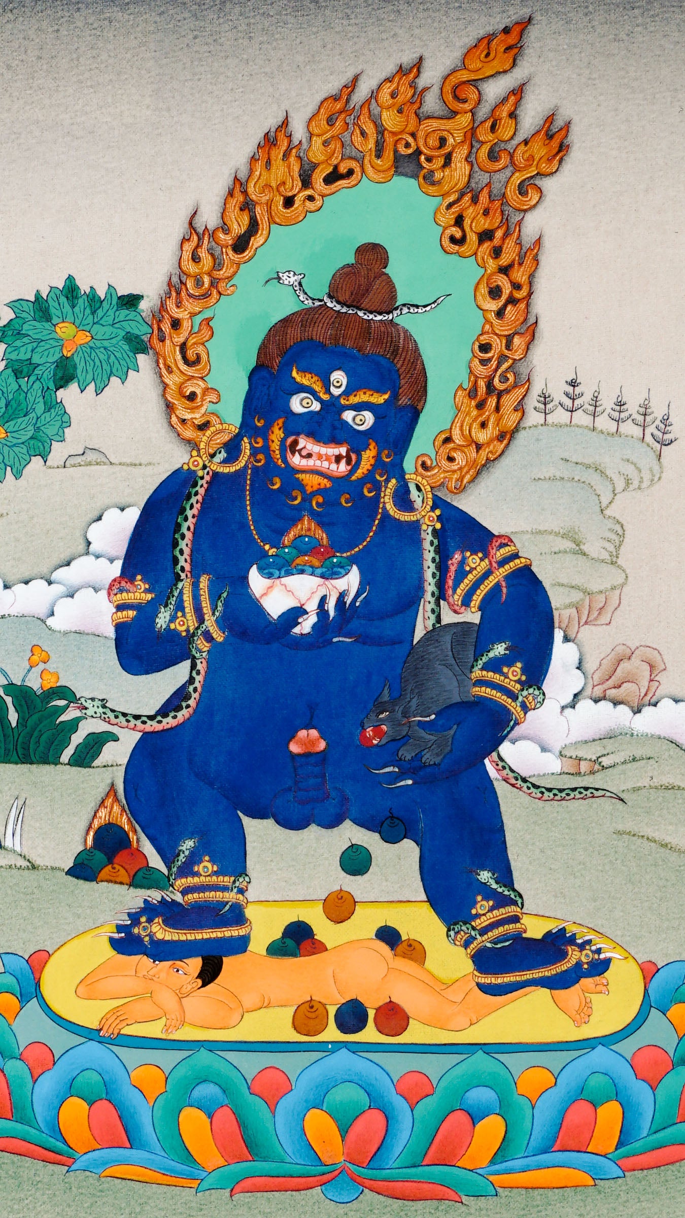 Tibetan thangka painting of Black Zambala standing on a lotus throne stepping on a human-like figure, holding a jewel-spitting mongoose and a skull cup, wearing jewelry and a serpent head ornament, hand painted in Kathmandu, Nepal.