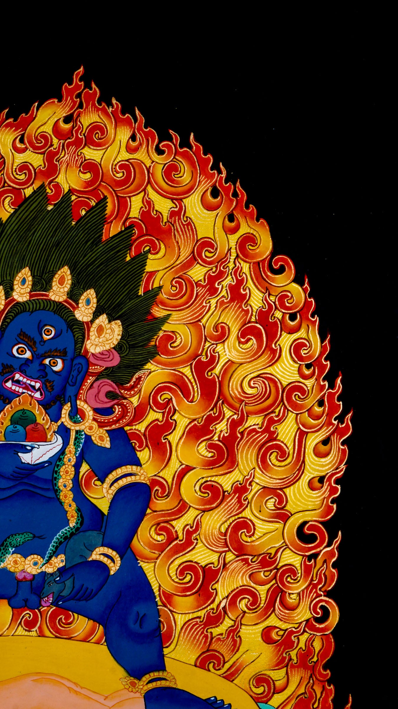 Black Zambala Tibetan Buddhist wealth deity thangka painting from Nepal with fire aura and symbolic human figure.