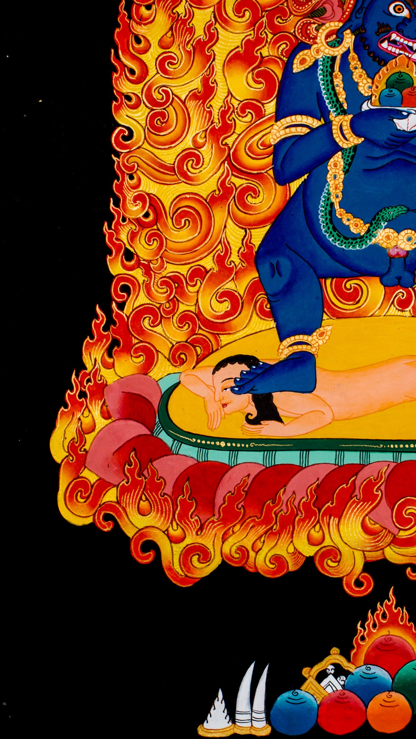 Black Zambala Tibetan Buddhist wealth deity thangka painting from Nepal with fire aura and symbolic human figure.