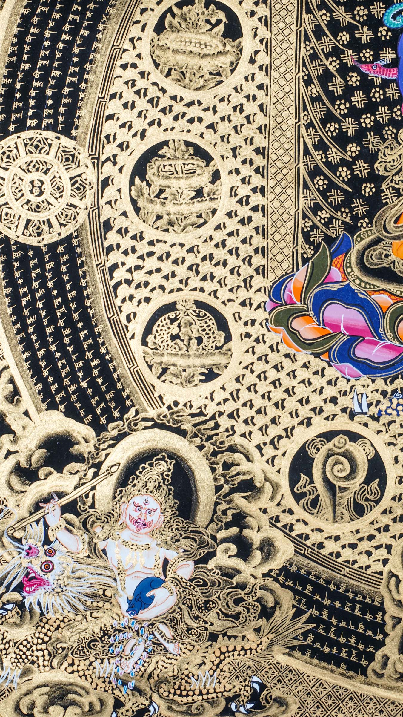 Black Zambala Mandala thangka representing prosperity, protection, and abundance in Tibetan Buddhism