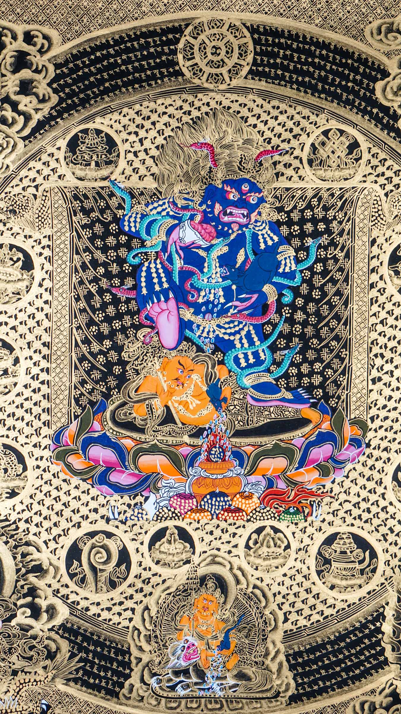 Black Zambala Mandala thangka representing prosperity, protection, and abundance in Tibetan Buddhism