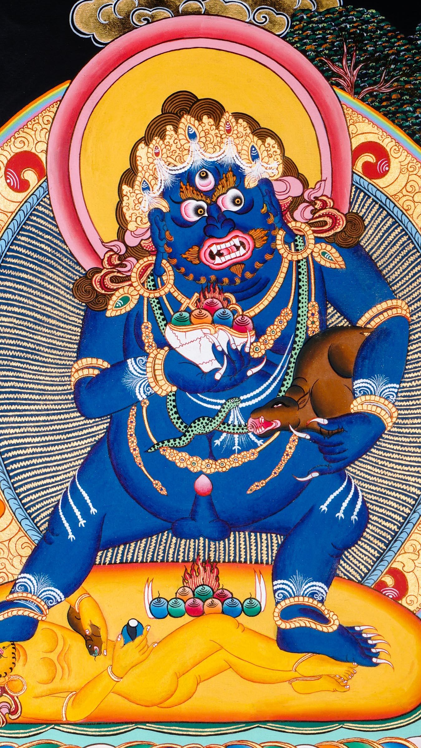 Exclusive thangka painting of fierce deity Black Zambala standing in a human figure, hand-painted by skilled Nepali artisans using 24k Gold and natural pigments.