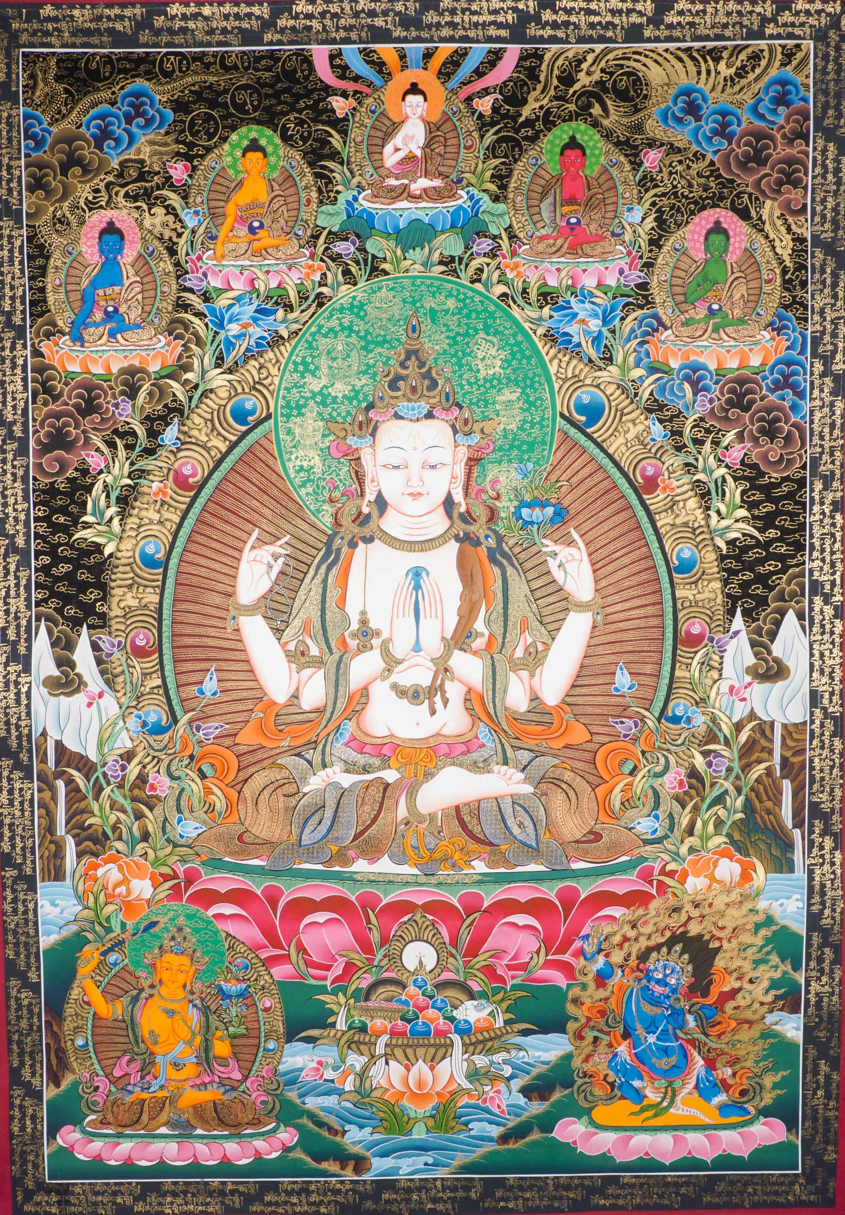 Hand-painted Chengresi Thangka, Tibetan Buddhist Bodhisattva of Compassion seated on a lotus throne, crafted in Nepal with 24k gold and natural pigments.