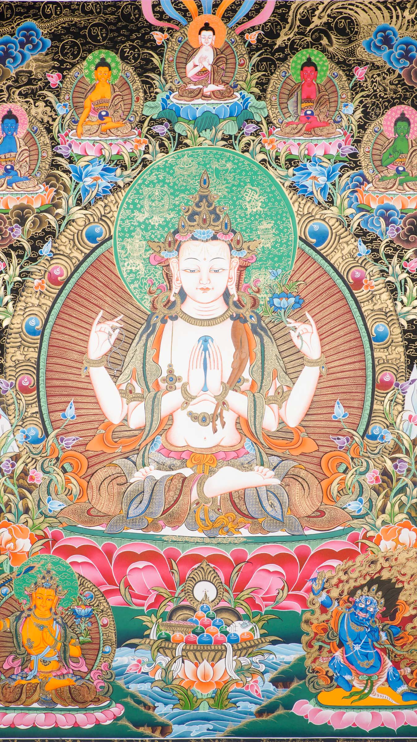 Hand-painted Chengresi Thangka, Tibetan Buddhist Bodhisattva of Compassion seated on a lotus throne, crafted in Nepal with 24k gold and natural pigments.