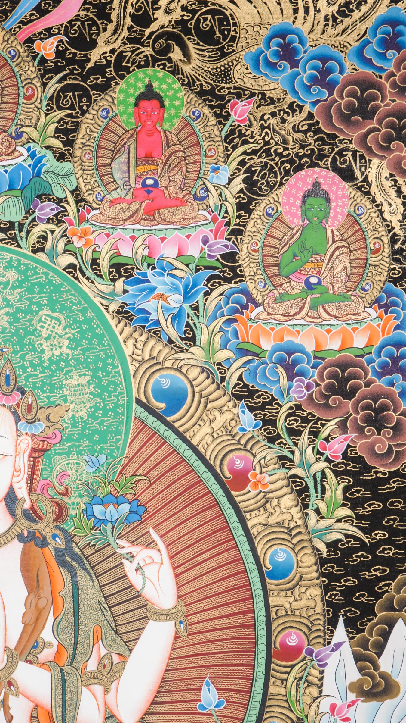 Hand-painted Chengresi Thangka, Tibetan Buddhist Bodhisattva of Compassion seated on a lotus throne, crafted in Nepal with 24k gold and natural pigments.