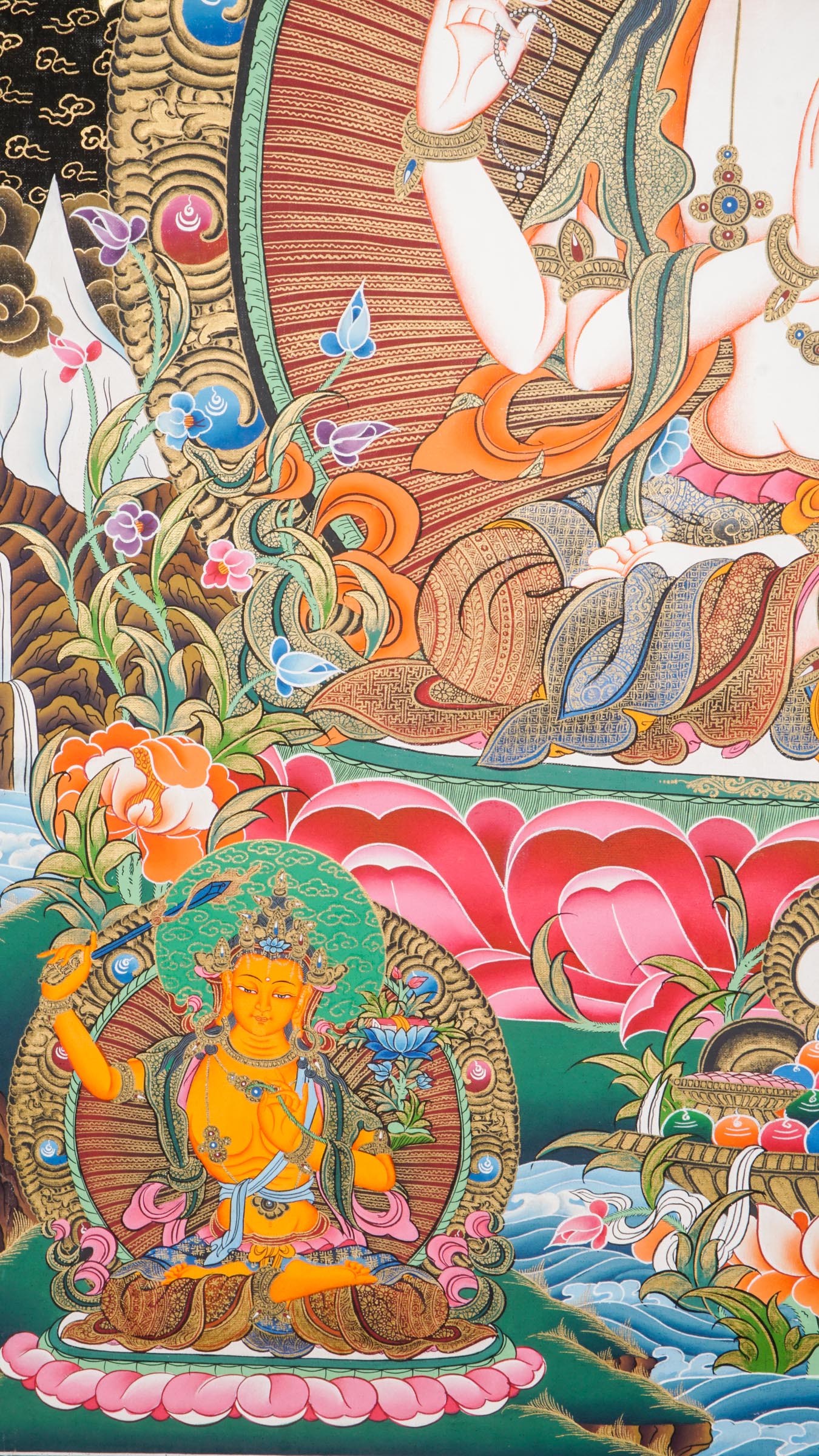 Hand-painted Chengresi Thangka, Tibetan Buddhist Bodhisattva of Compassion seated on a lotus throne, crafted in Nepal with 24k gold and natural pigments.