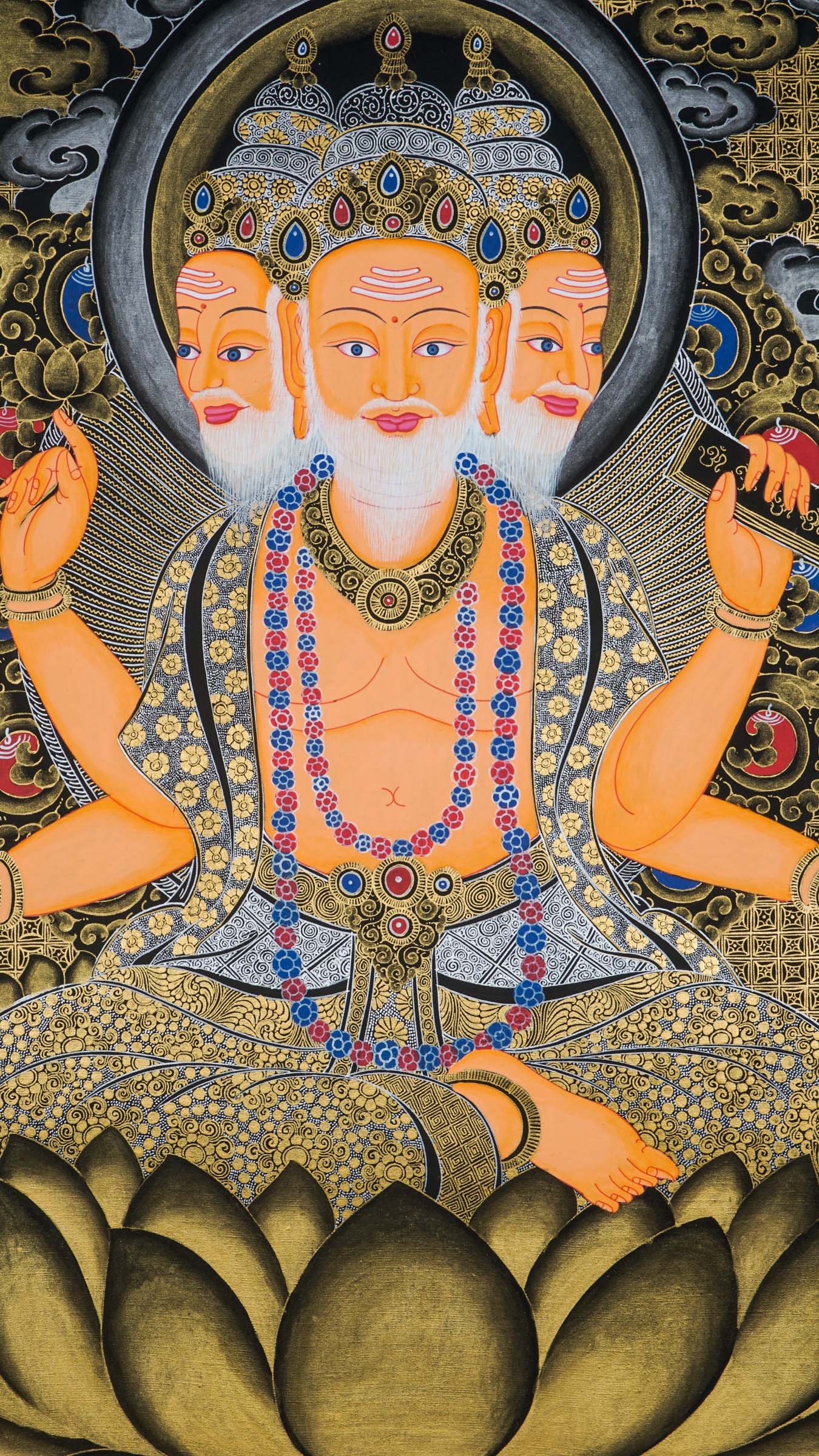 Brahma Thangka showing four-faced Hindu creator god, cosmic wisdom.