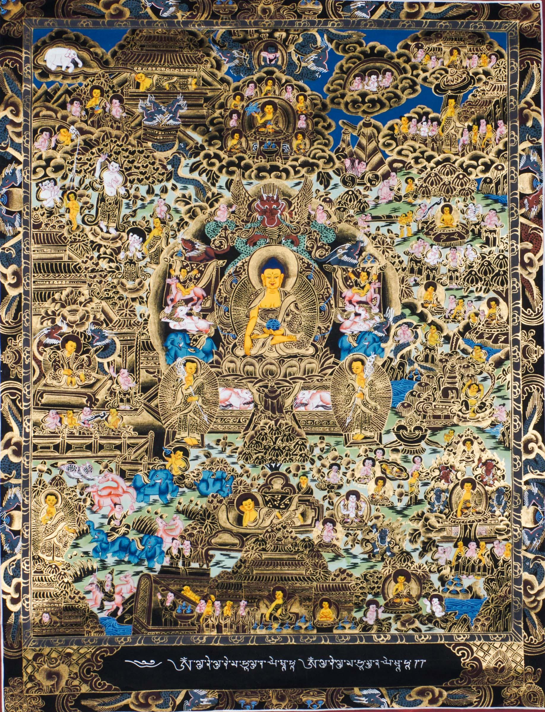 This genuine Tibetan Buddhist Thangka illustrates the life of Buddha through sacred scenes like the Great Departure, Enlightenment under the Bodhi Tree, and the First Sermon. Hand-painted with natural pigments, it is perfect for Buddhist decor, meditation, and spiritual reflection.
