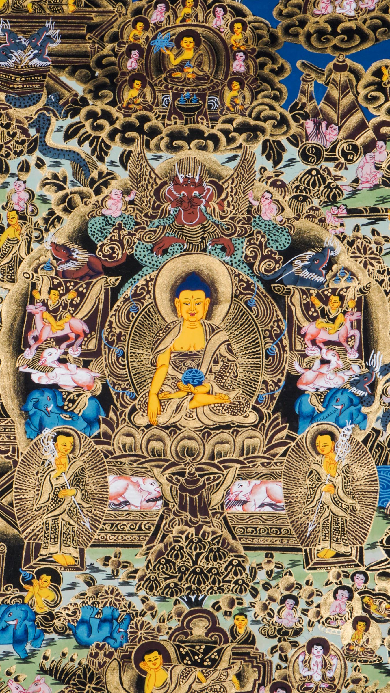 This genuine Tibetan Buddhist Thangka illustrates the life of Buddha through sacred scenes like the Great Departure, Enlightenment under the Bodhi Tree, and the First Sermon. Hand-painted with natural pigments, it is perfect for Buddhist decor, meditation, and spiritual reflection.