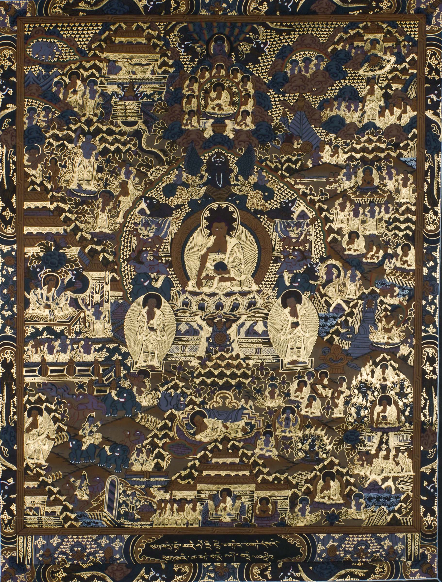 This genuine Tibetan Buddhist Thangka beautifully illustrates Buddha’s journey from birth to enlightenment. Featuring sacred scenes like the Great Departure and Bodhi Tree meditation, this hand-painted artwork supports spiritual practice, mindfulness, and Buddhist home decor.