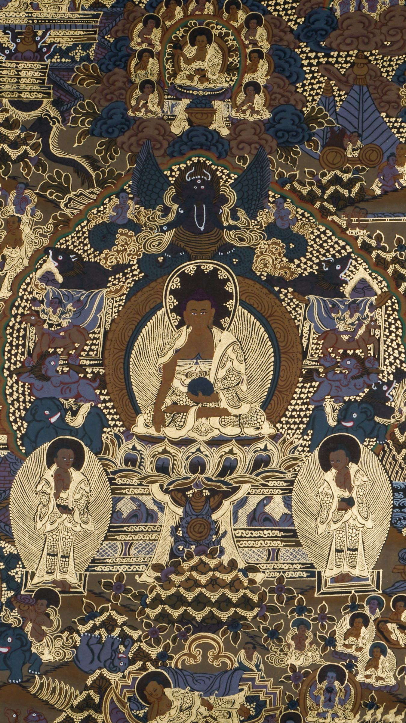 This genuine Tibetan Buddhist Thangka beautifully illustrates Buddha’s journey from birth to enlightenment. Featuring sacred scenes like the Great Departure and Bodhi Tree meditation, this hand-painted artwork supports spiritual practice, mindfulness, and Buddhist home decor.