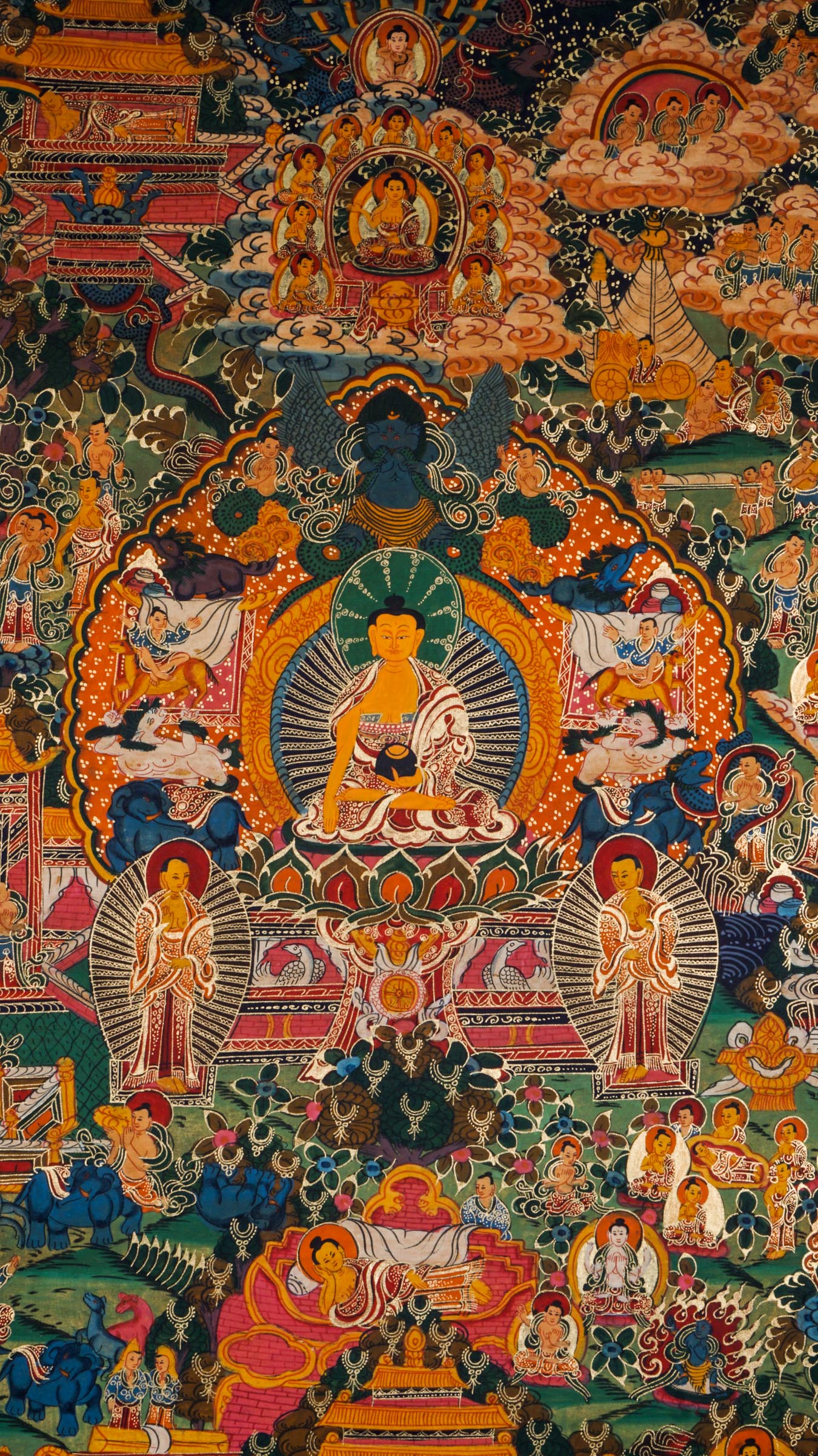 Tibetan Thangka painting showing Buddha's life journey - birth, enlightenment, and teachings. Created with mineral pigments on cotton using traditional Buddhist art methods. Used for meditation and religious education.