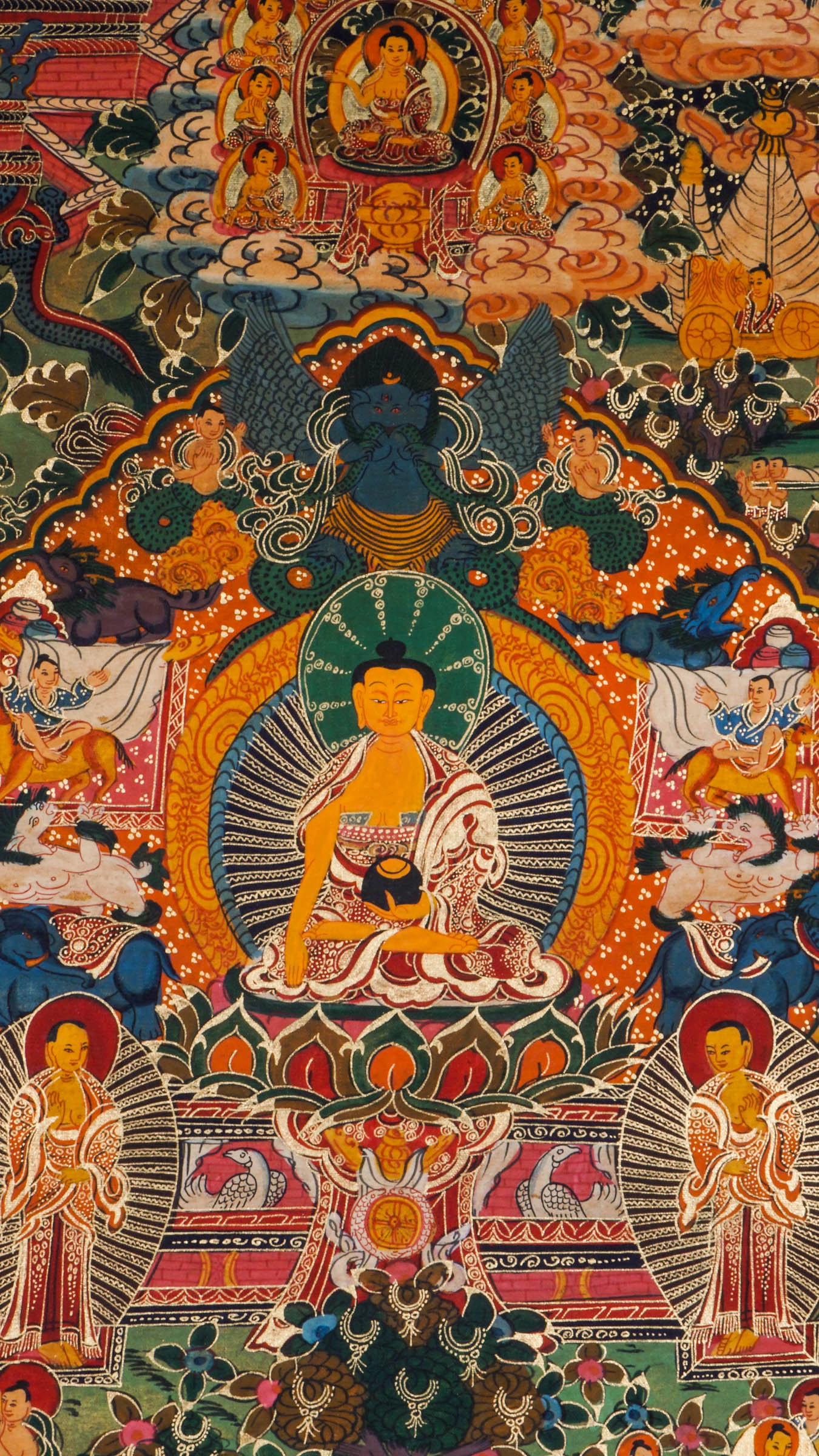 Tibetan Thangka painting showing Buddha's life journey - birth, enlightenment, and teachings. Created with mineral pigments on cotton using traditional Buddhist art methods. Used for meditation and religious education.