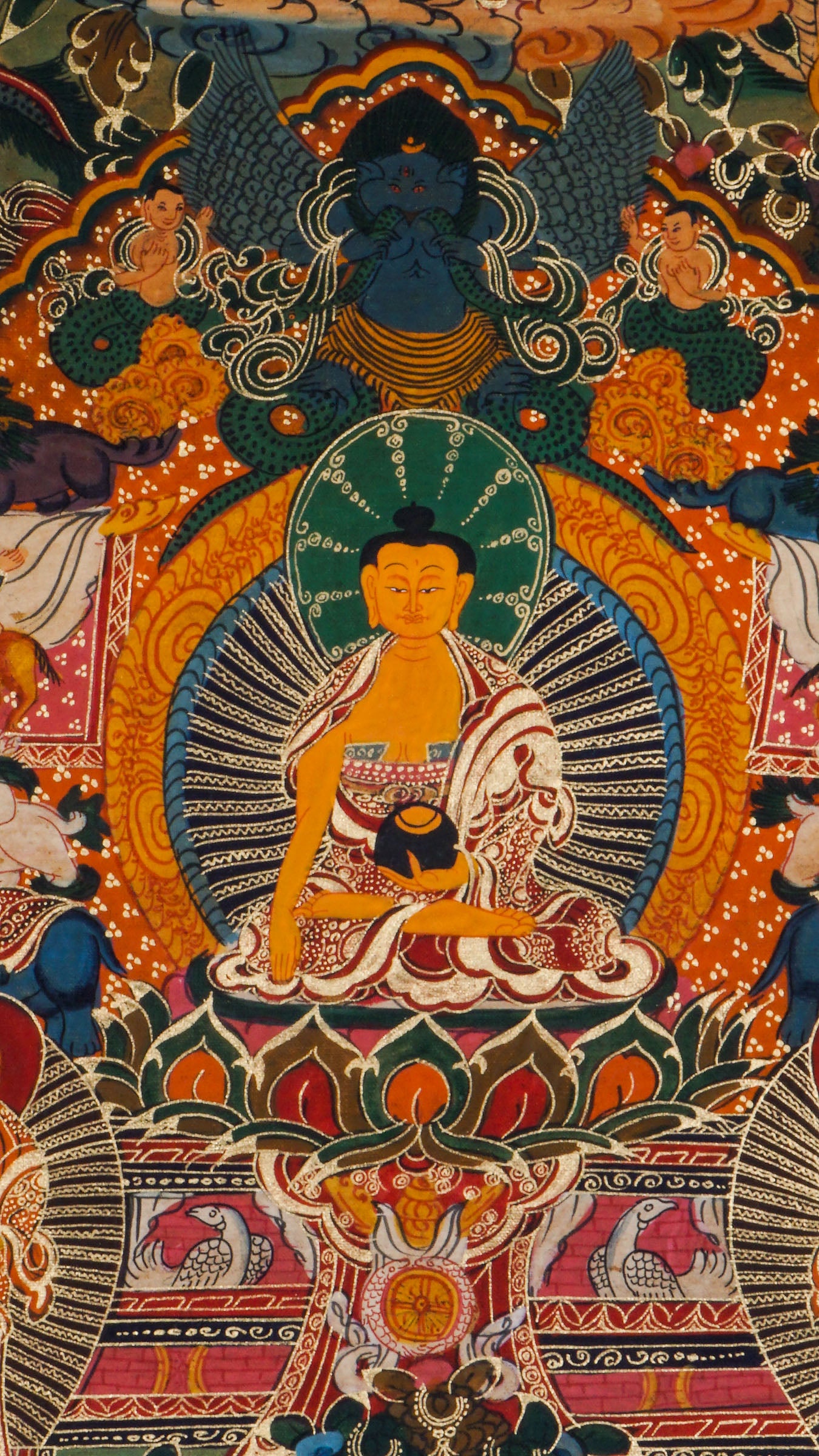 Tibetan Thangka painting showing Buddha's life journey - birth, enlightenment, and teachings. Created with mineral pigments on cotton using traditional Buddhist art methods. Used for meditation and religious education.