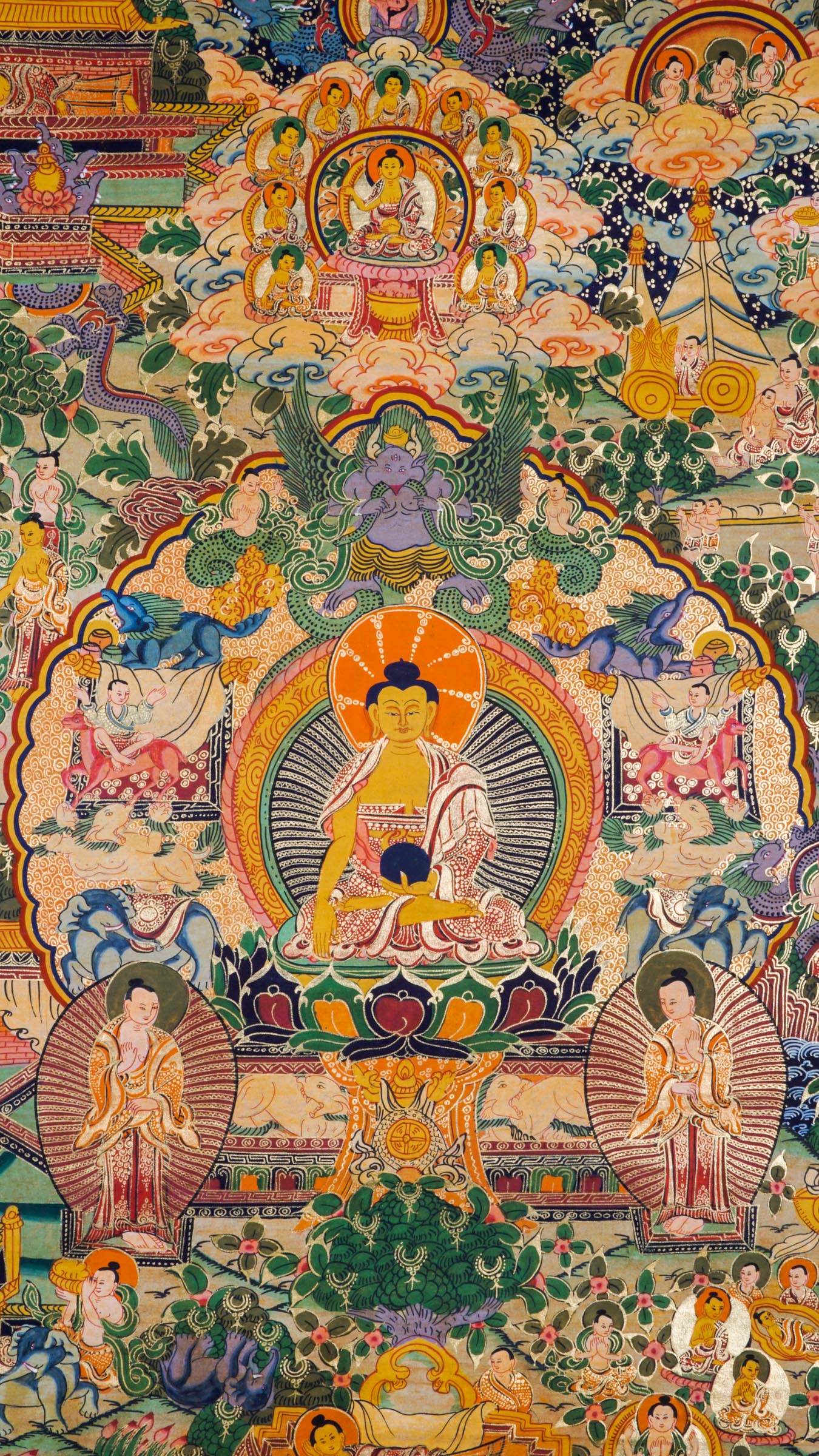 This genuine Tibetan Buddhist thangka shows the key moments of Buddha’s life, from his great departure to enlightenment and teachings. Hand-painted using natural pigments, it is both sacred art and a visual guide for meditation and spiritual reflection.