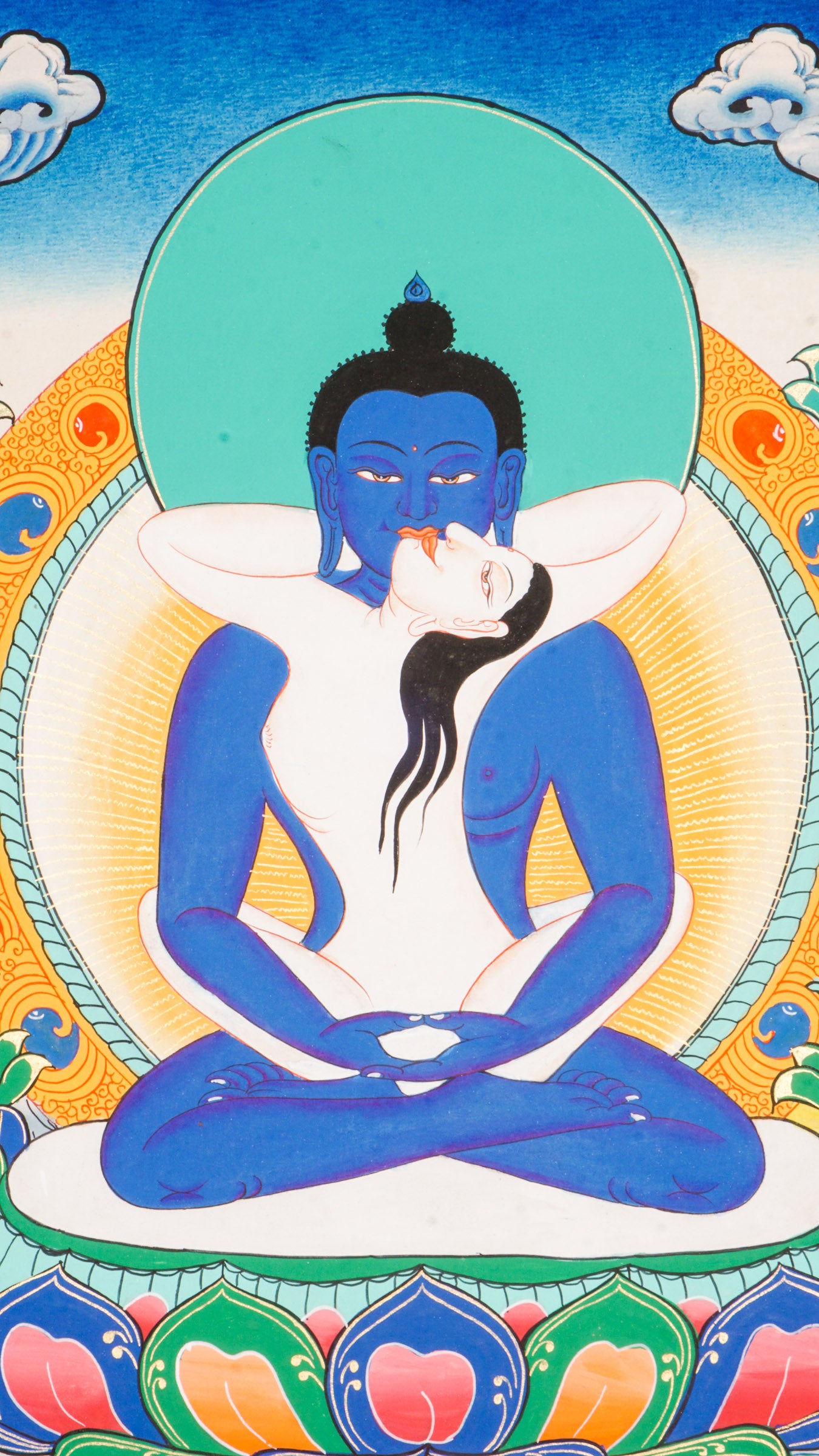 Buddha Shakti Thangka - a sacred Tibetan artwork of buddha shakti with his consort in the Yab-Yum form.