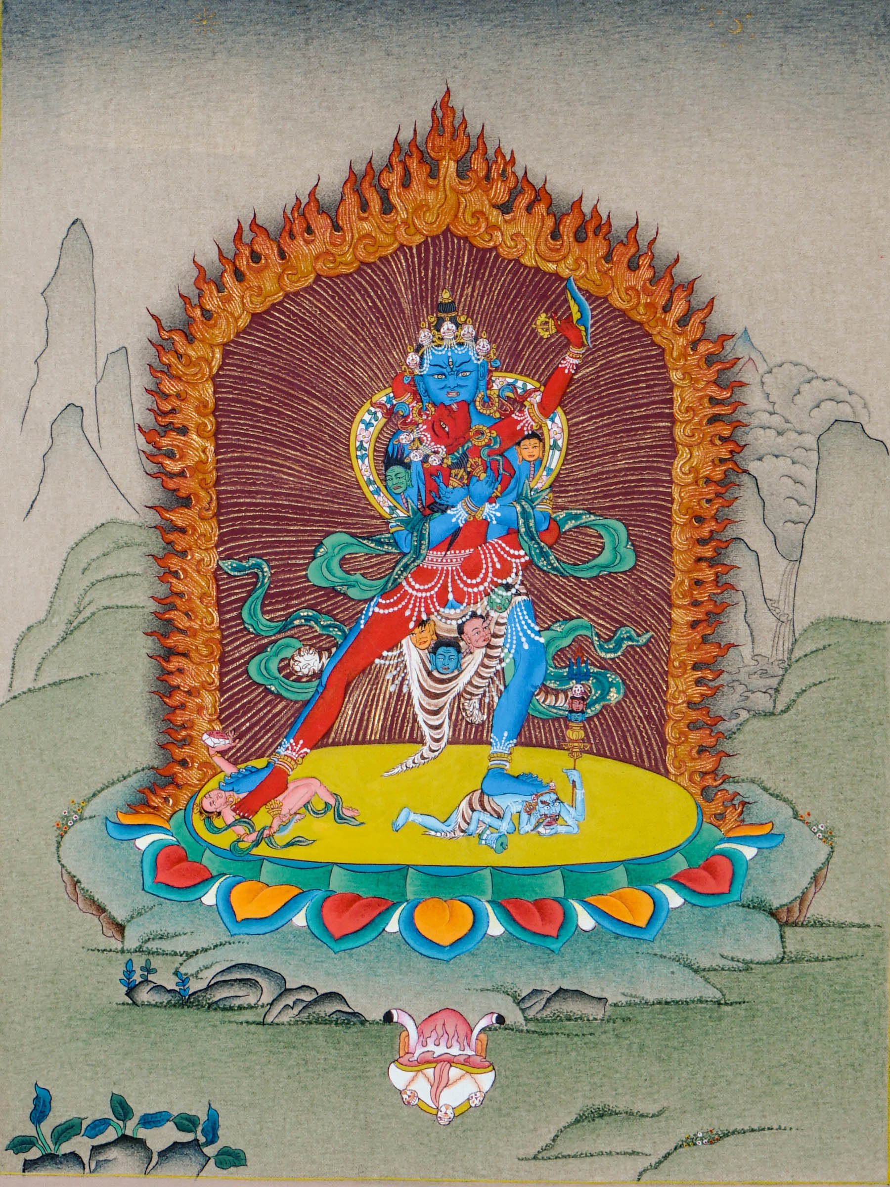 Tibetan thangka painting of Chakrasamvara in union with Vajravarahi, standing on a lotus throne above subdued figures, surrounded by flames, adorned with jewels and skull garlands, hand painted in Kathmandu, Nepal.