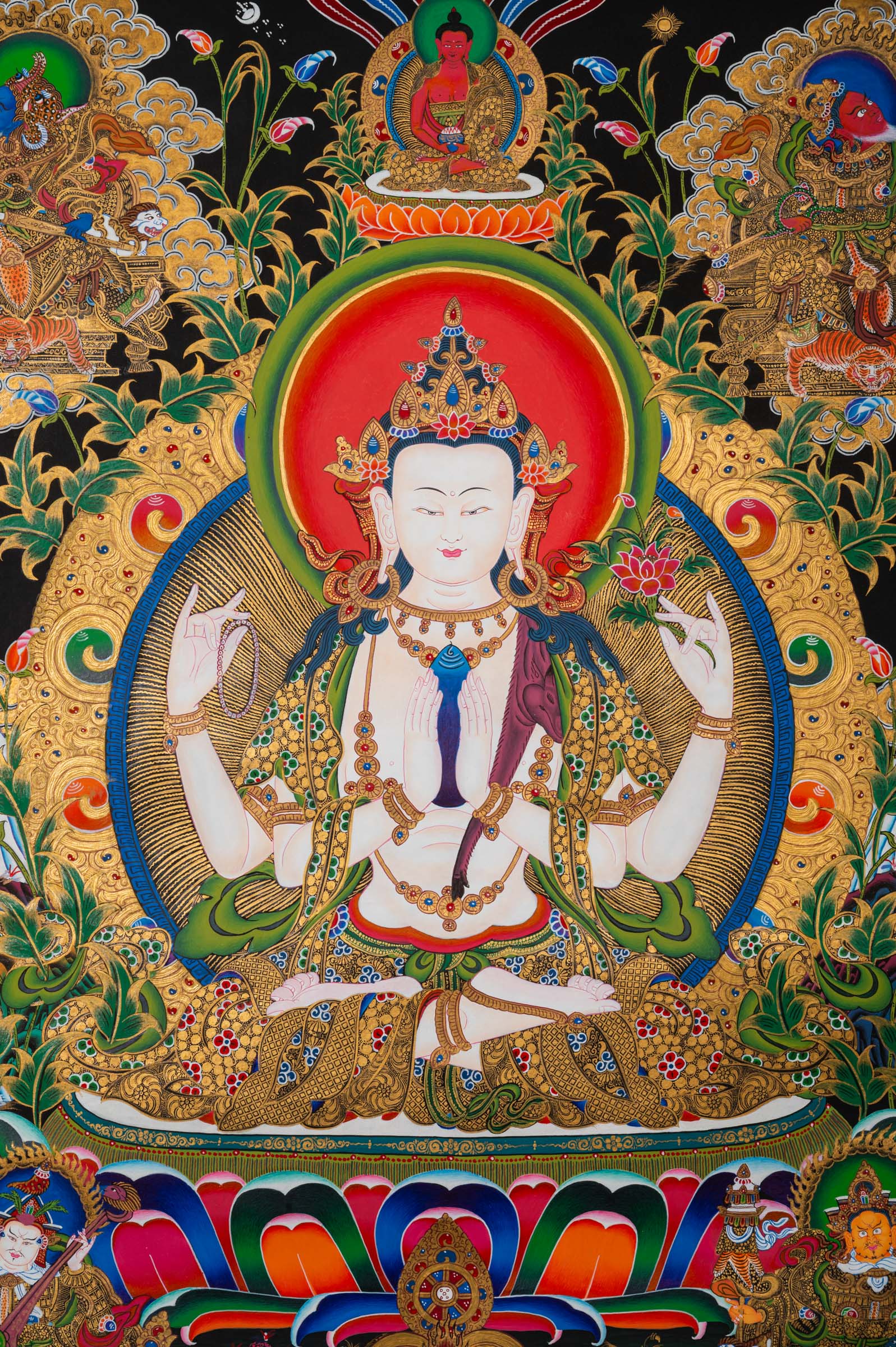 Sacred Chenrezig Thangka painting, symbol of compassion and peace. Ideal for meditation, healing spaces, and spiritual inspiration.