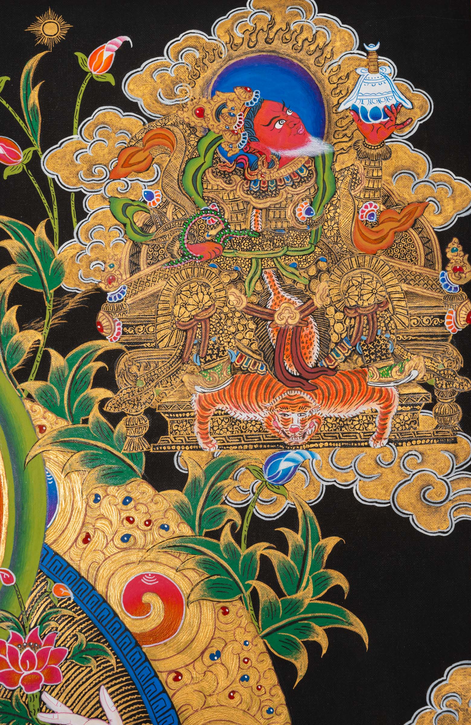 Sacred Chenrezig Thangka painting, symbol of compassion and peace. Ideal for meditation, healing spaces, and spiritual inspiration.