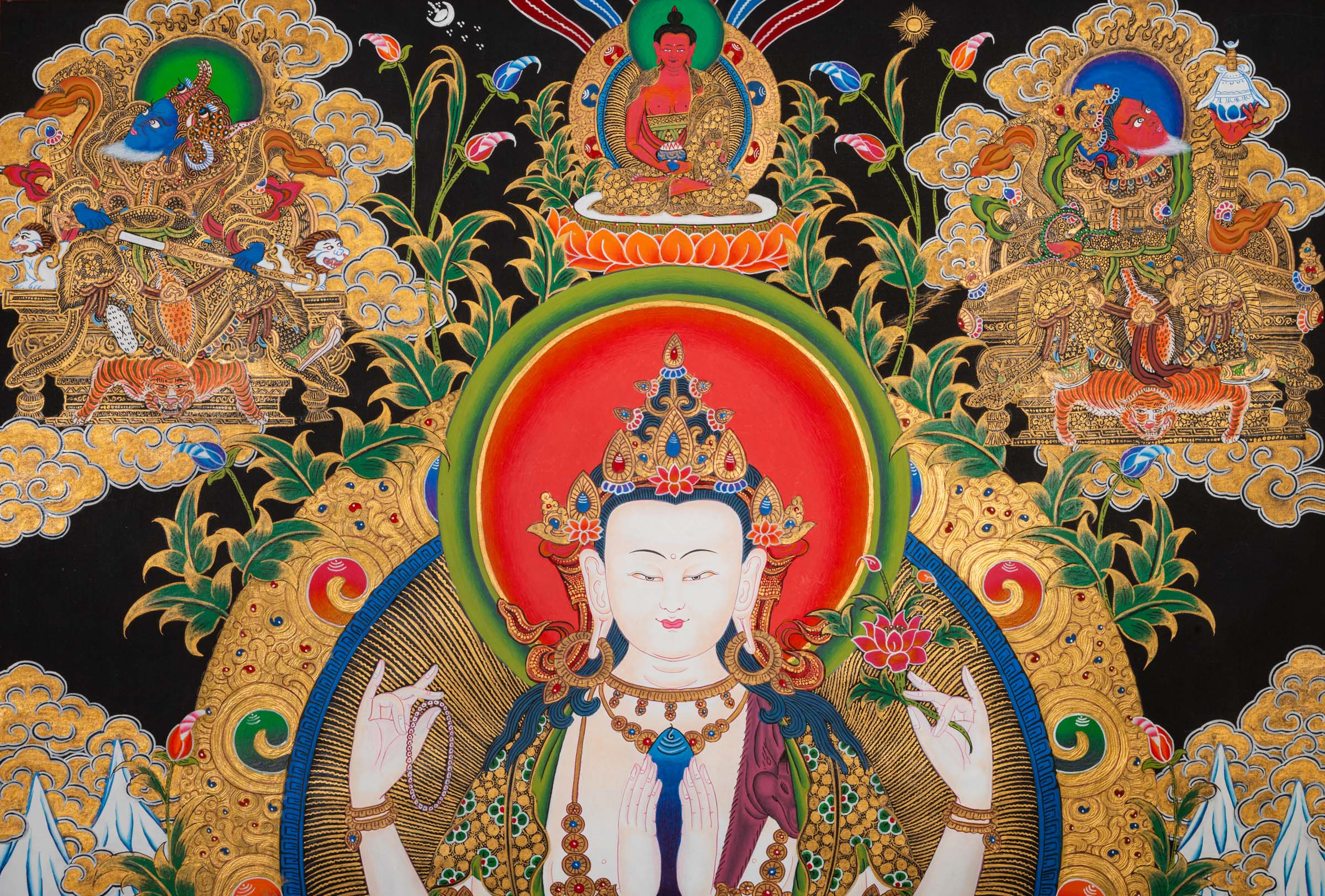 Sacred Chenrezig Thangka painting, symbol of compassion and peace. Ideal for meditation, healing spaces, and spiritual inspiration.