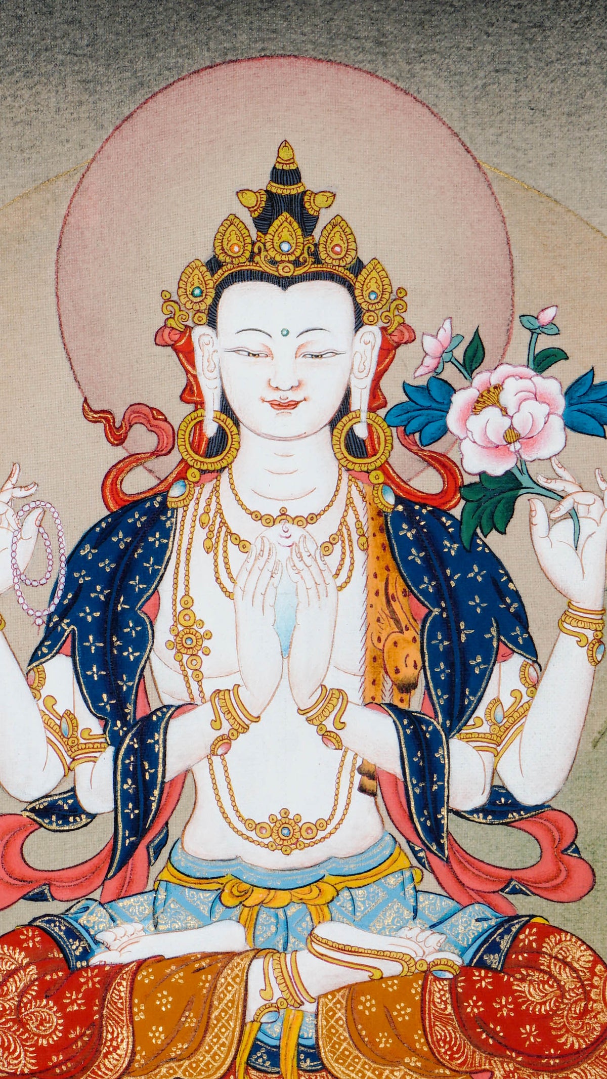 Tibetan thangka painting of Chenrezig seated on a lotus throne with four arms holding a crystal jewel, a mala, and a lotus flower, hand painted in Kathmandu, Nepal with natural pigments.