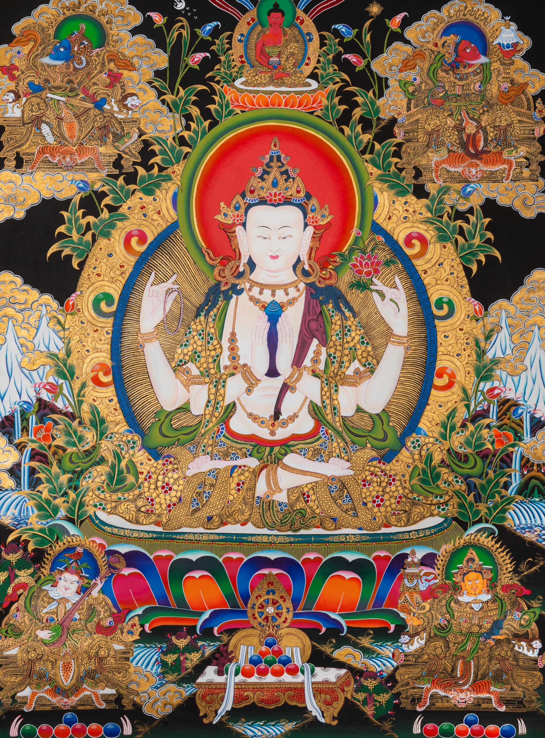 Sacred Chenrezig Thangka painting, symbol of compassion and peace. Ideal for meditation, healing spaces, and spiritual inspiration.