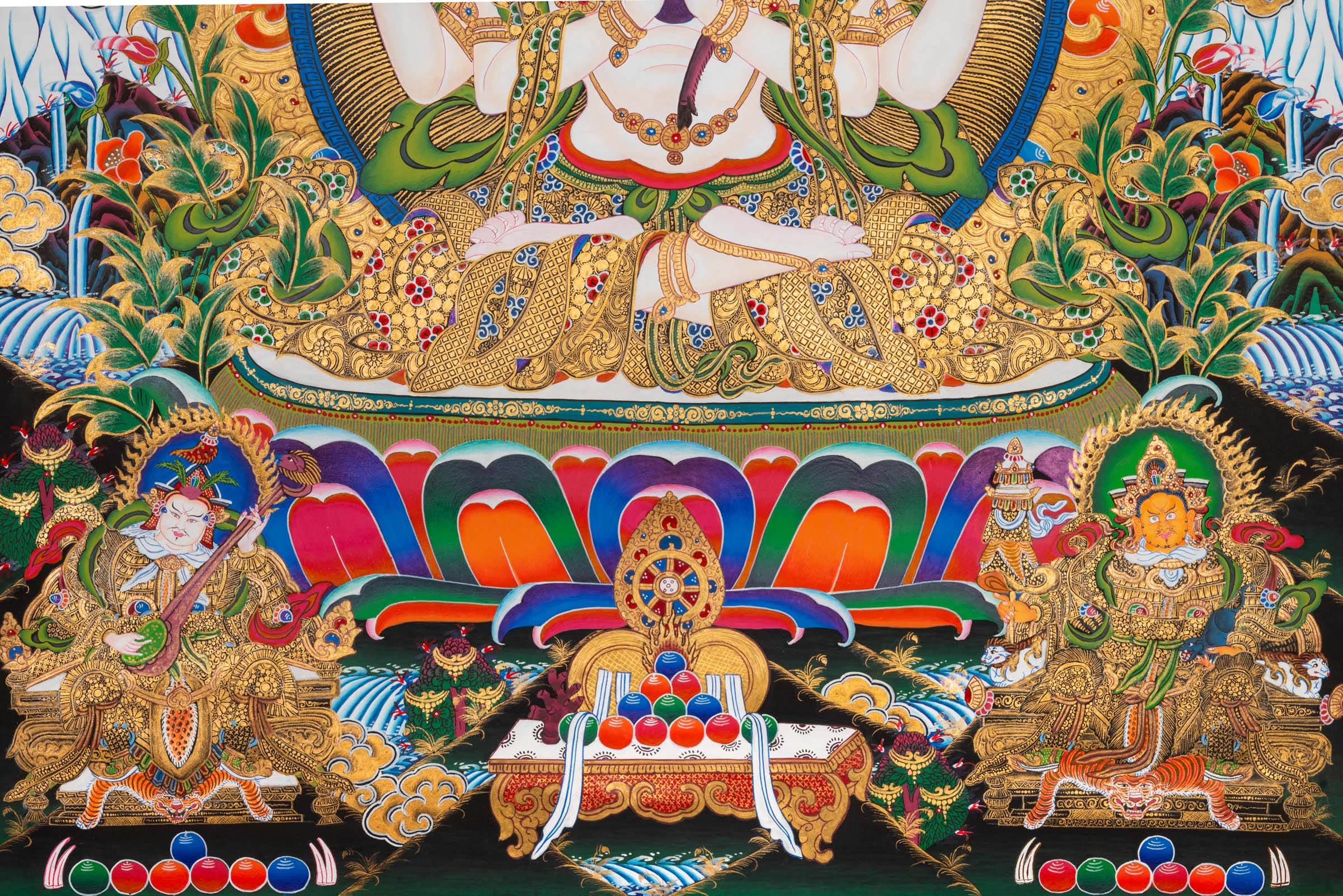 Sacred Chenrezig Thangka painting, symbol of compassion and peace. Ideal for meditation, healing spaces, and spiritual inspiration.