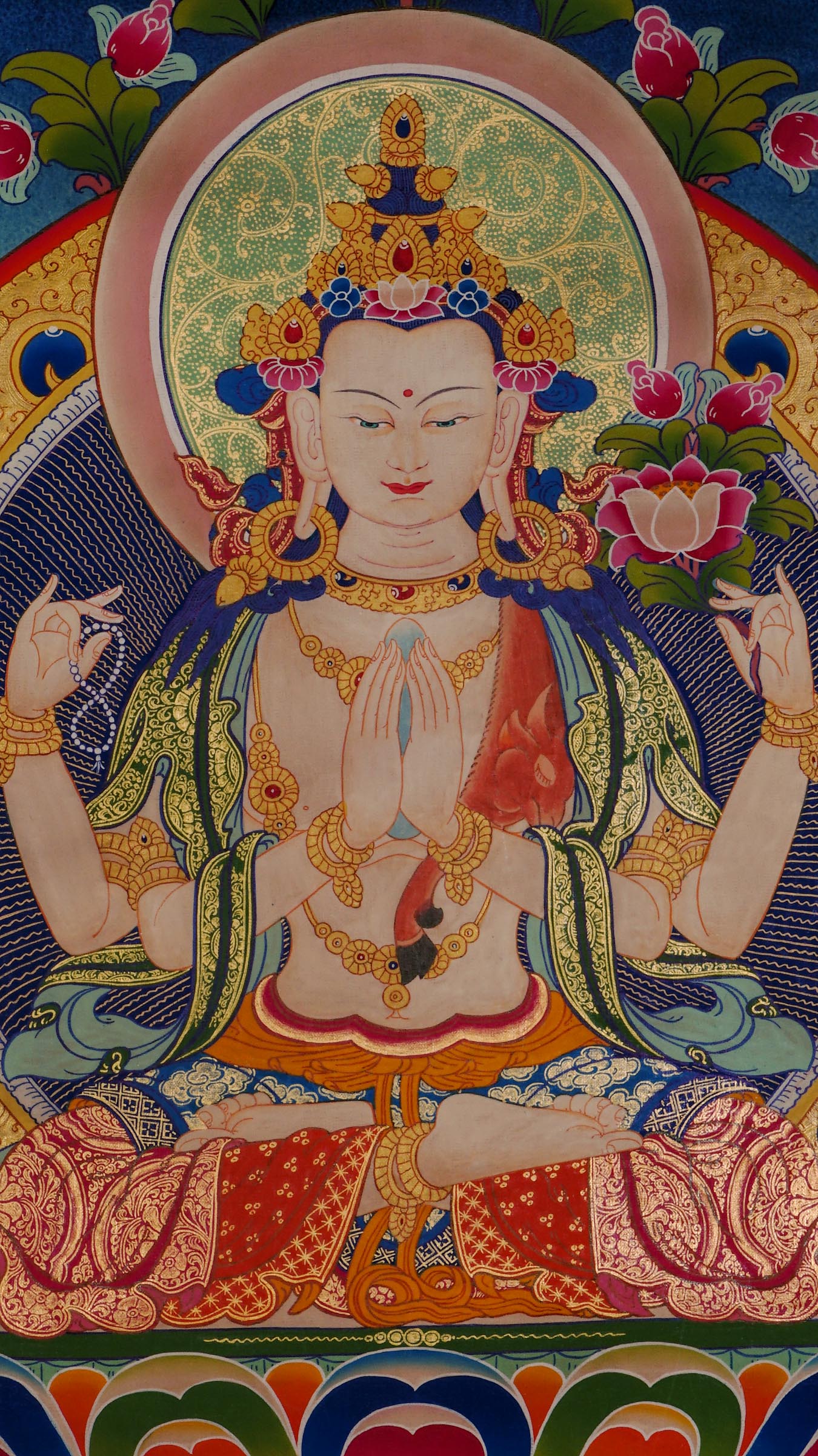 Chengresi Thangka with 24k gold, depicting the four-armed Bodhisattva of Compassion seated on a lotus throne, holding a crystal rosary and lotus, symbolizing compassion and purity in Tibetan Buddhism.