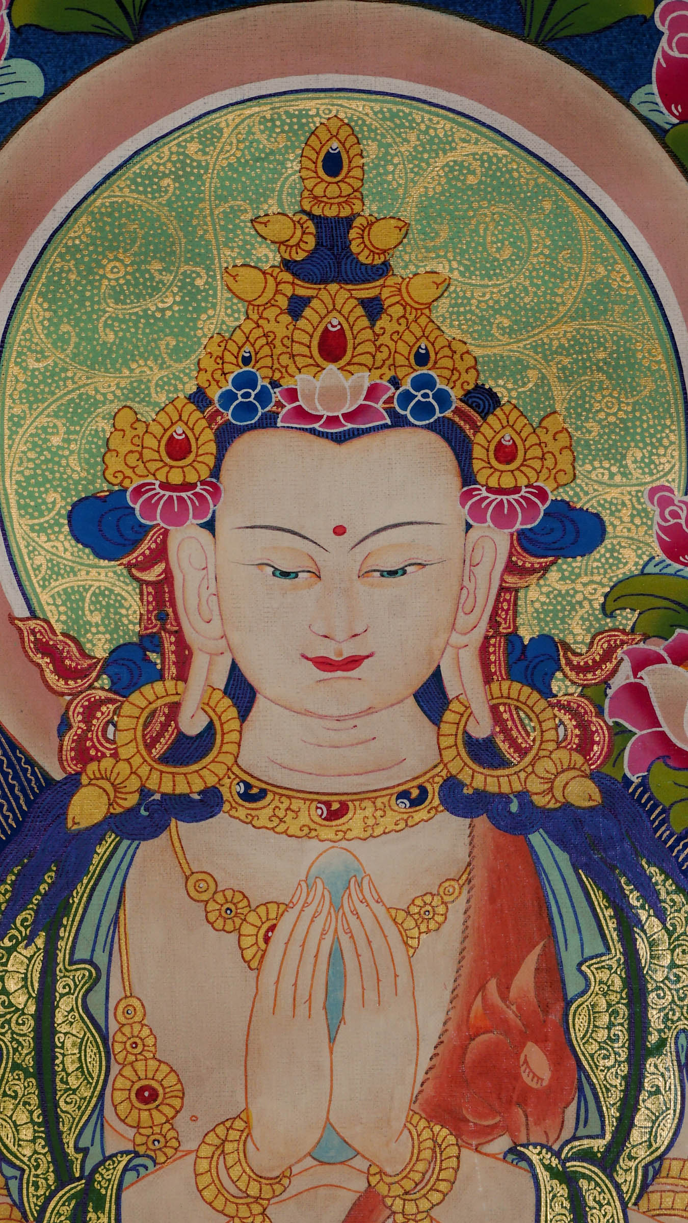 Chengresi Thangka with 24k gold, depicting the four-armed Bodhisattva of Compassion seated on a lotus throne, holding a crystal rosary and lotus, symbolizing compassion and purity in Tibetan Buddhism.
