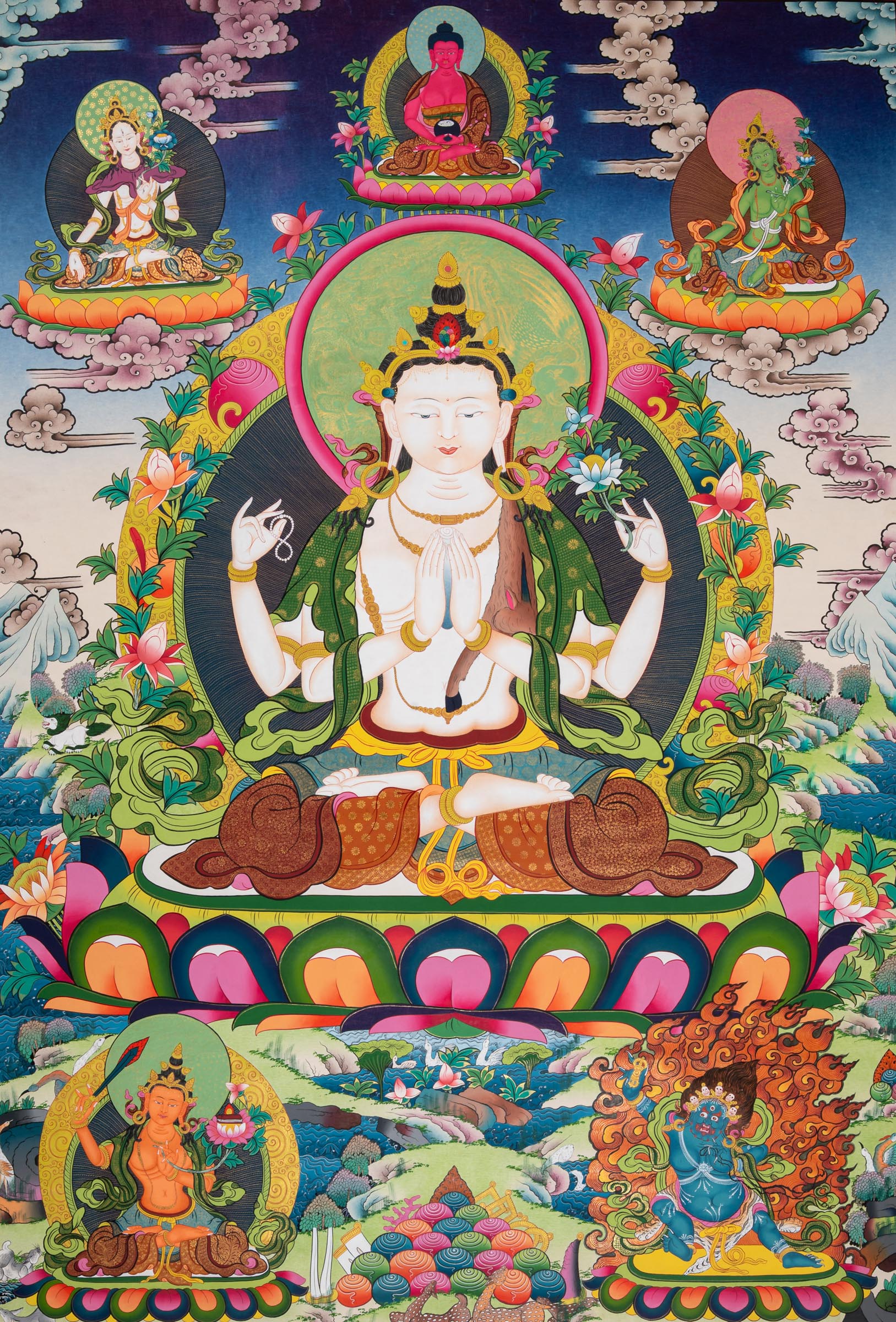 This Chenrezig Thangka - a hand-painted artwork with Green Tara, white Tara and Amitabha buddha at the Top