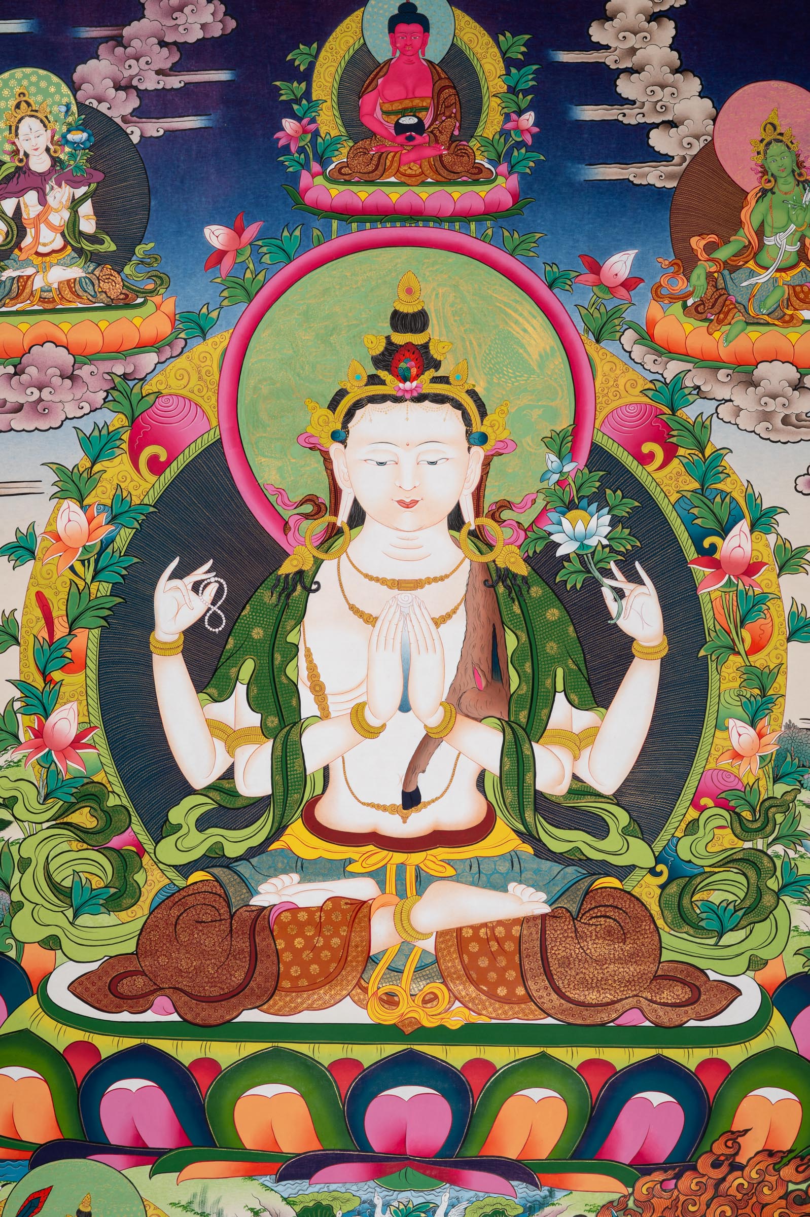 This Chenrezig Thangka - a hand-painted artwork with Green Tara, white Tara and Amitabha buddha at the Top