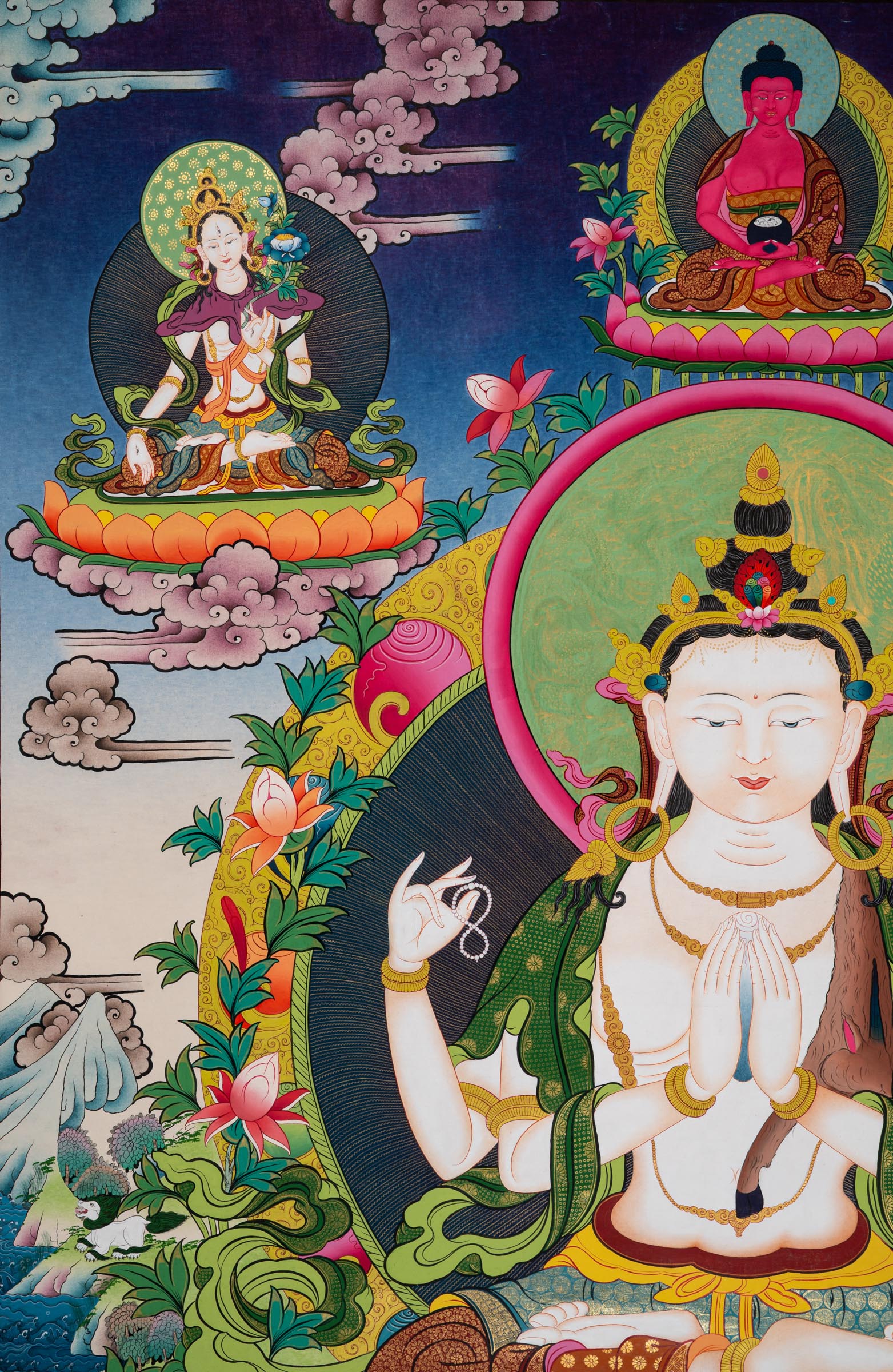 This Chenrezig Thangka - a hand-painted artwork with Green Tara, white Tara and Amitabha buddha at the Top