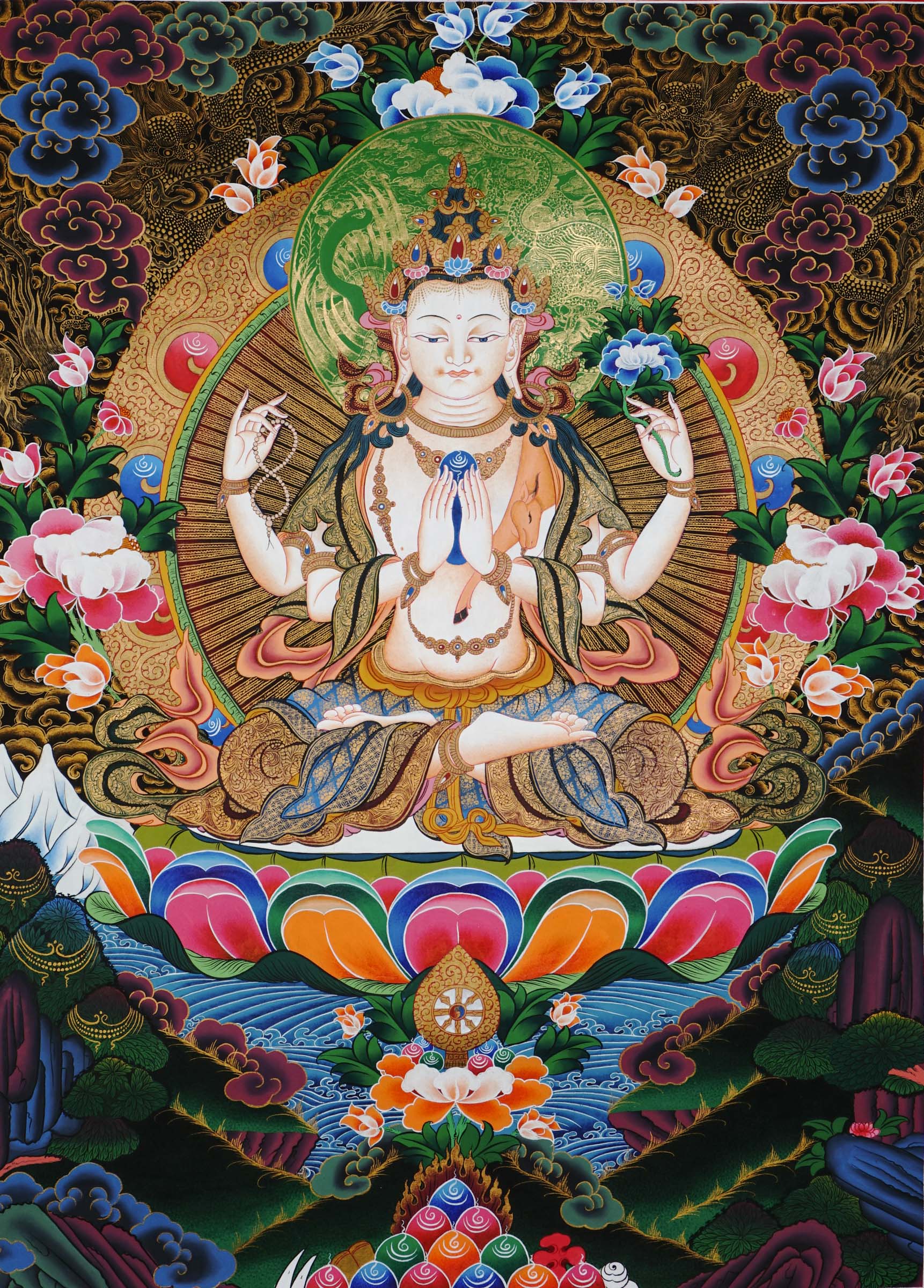 Nepali hand-painted Chengresi Thangka showing Avalokiteshvara in meditation holding a crystal adorned with gold and floral details symbolizing compassion