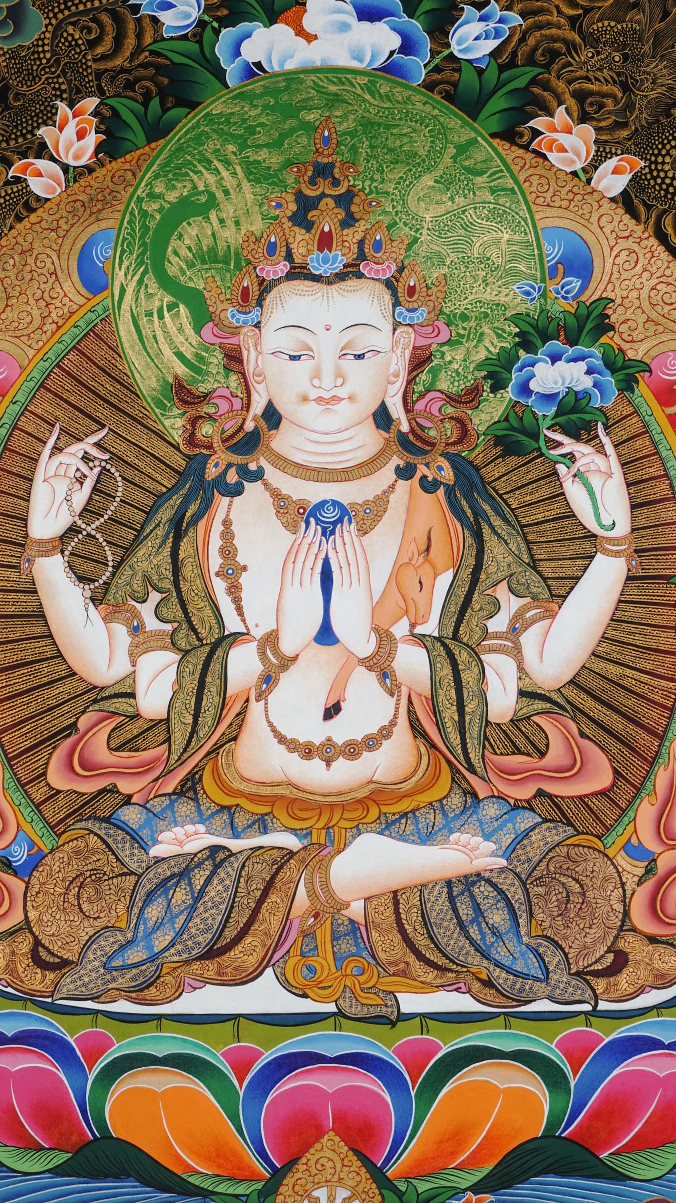 Nepali hand-painted Chengresi Thangka showing Avalokiteshvara in meditation holding a crystal adorned with gold and floral details symbolizing compassion
