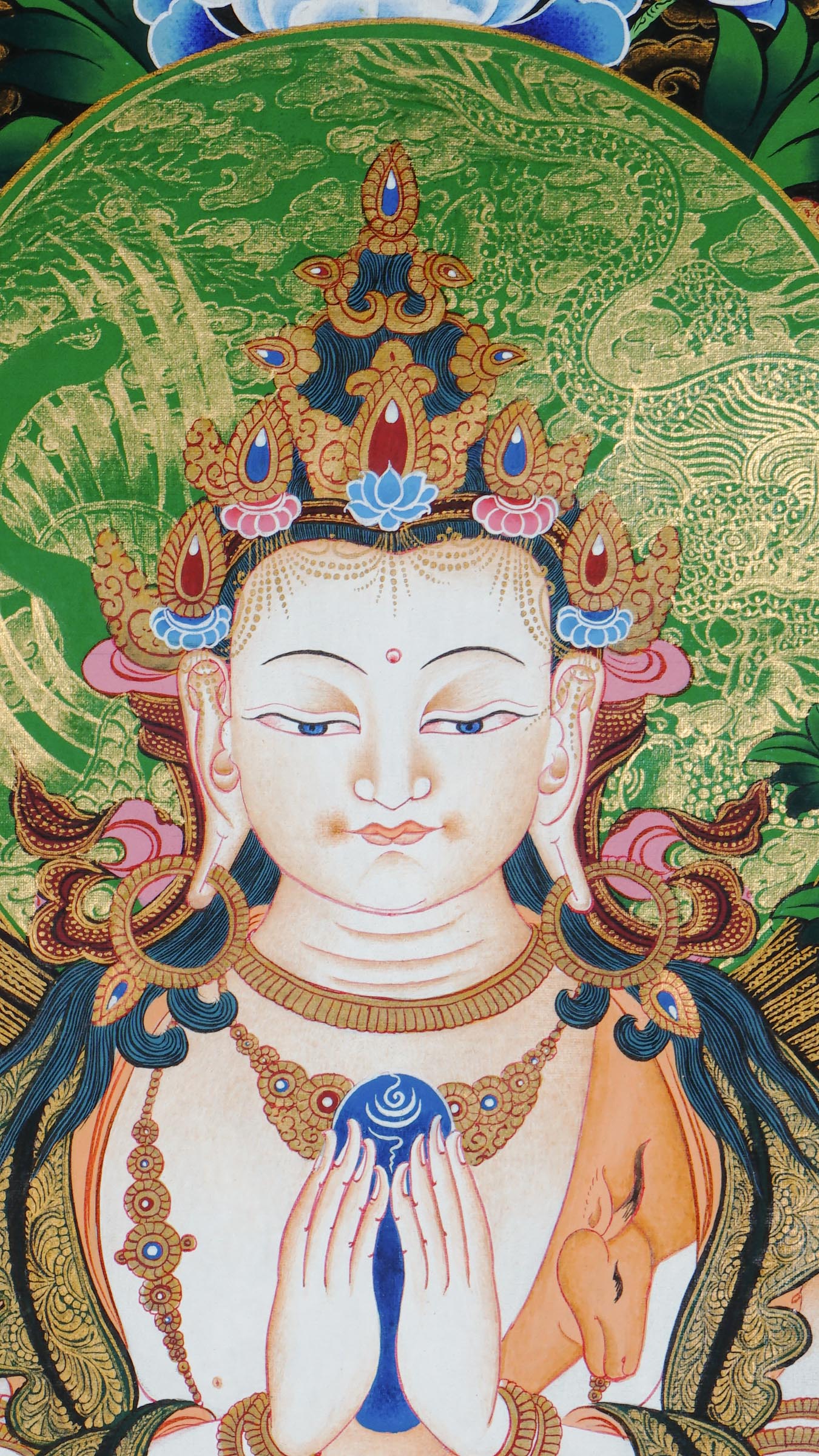 Nepali hand-painted Chengresi Thangka showing Avalokiteshvara in meditation holding a crystal adorned with gold and floral details symbolizing compassion