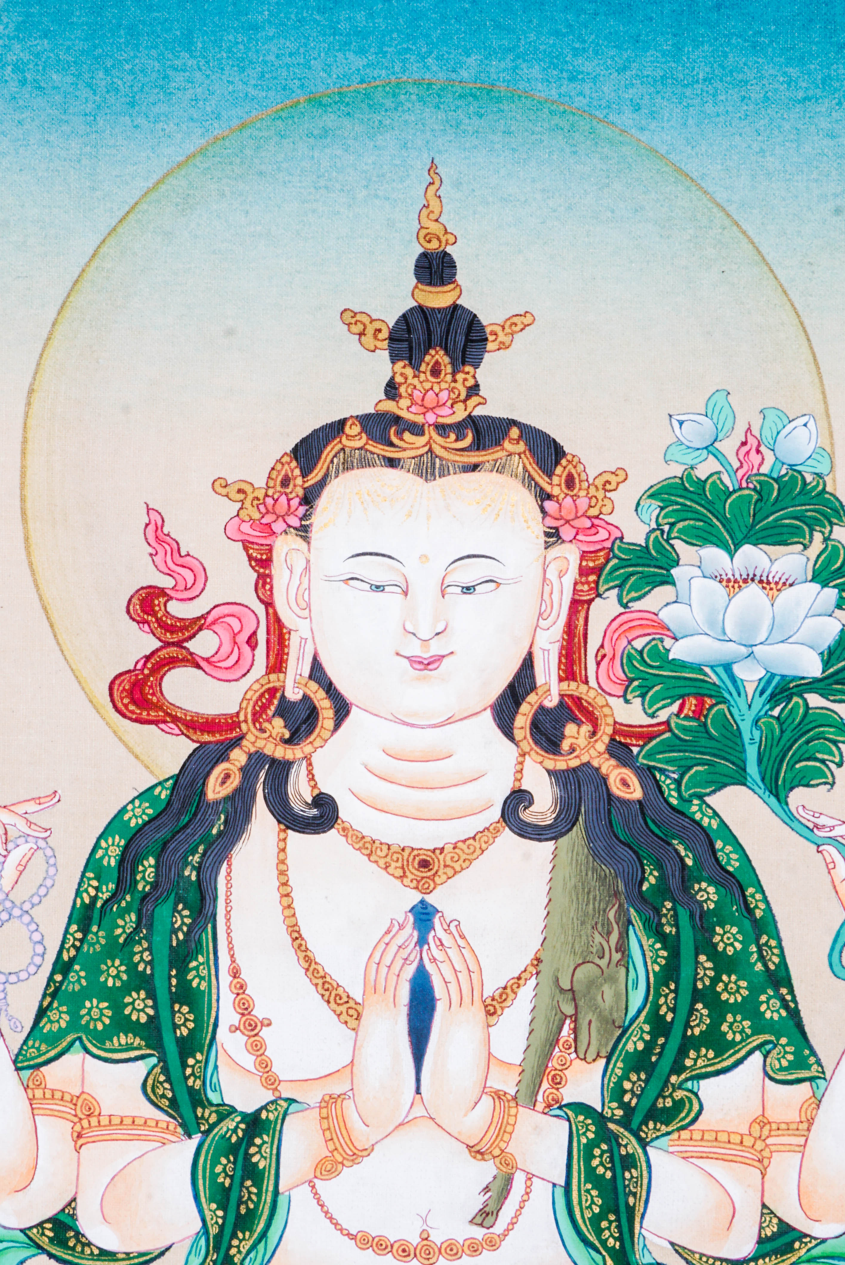 The Chengresi Thangka depicts Avalokiteshvara, the Bodhisattva of Compassion in Tibetan Buddhism, symbolizing mercy and protection. Hand-painted with natural pigments, this authentic Tibetan Thangka brings peace, healing, and spiritual inspiration to any space.