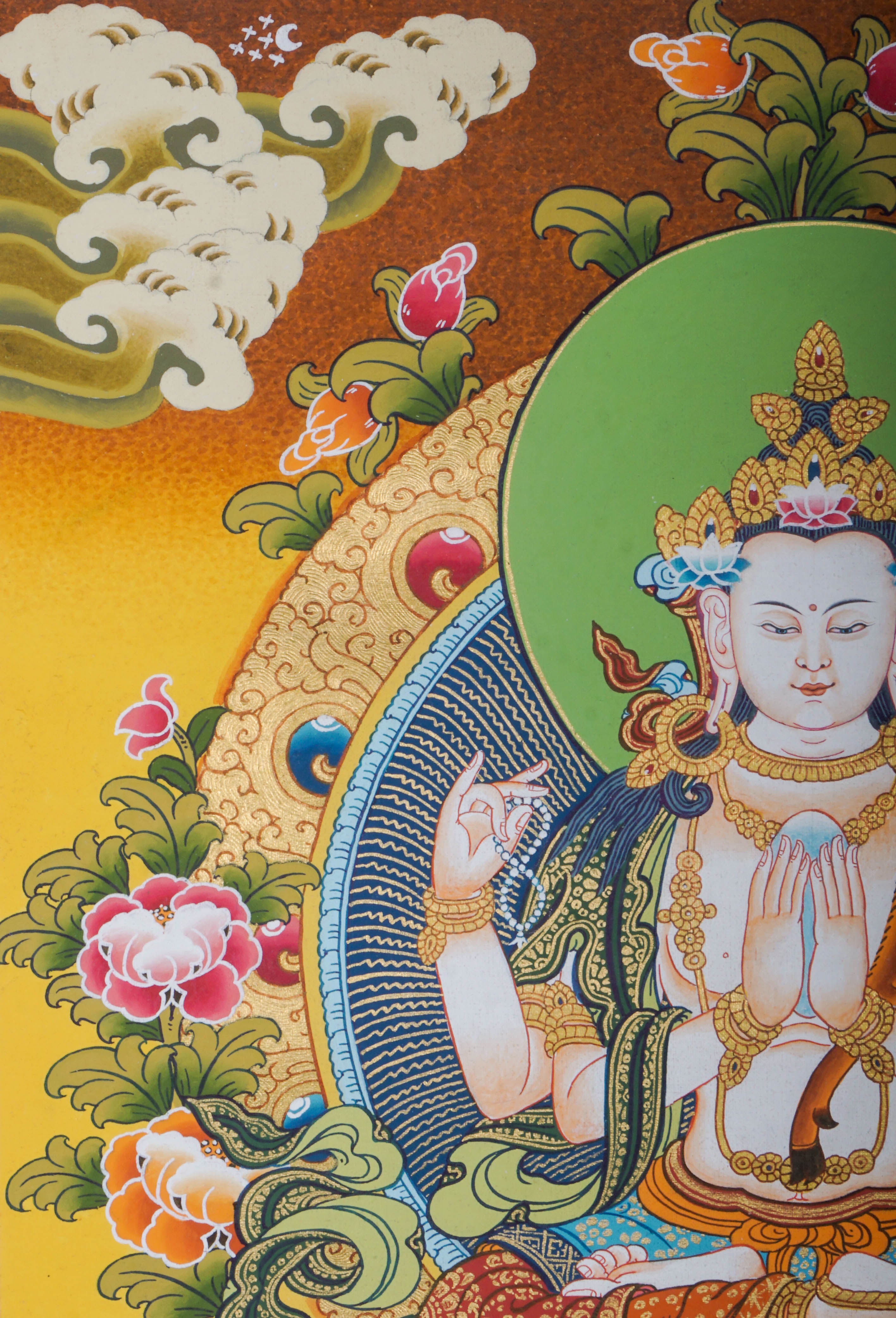 Chengresi Thangka Painting features Chenrezig (Avalokiteshvara), the Tibetan Buddhist Bodhisattva of Compassion, symbolizing unconditional love and kindness. Hand-painted by skilled Tibetan artisans using natural pigments, this authentic Thangka embodies mindfulness, spiritual healing, and meditation.