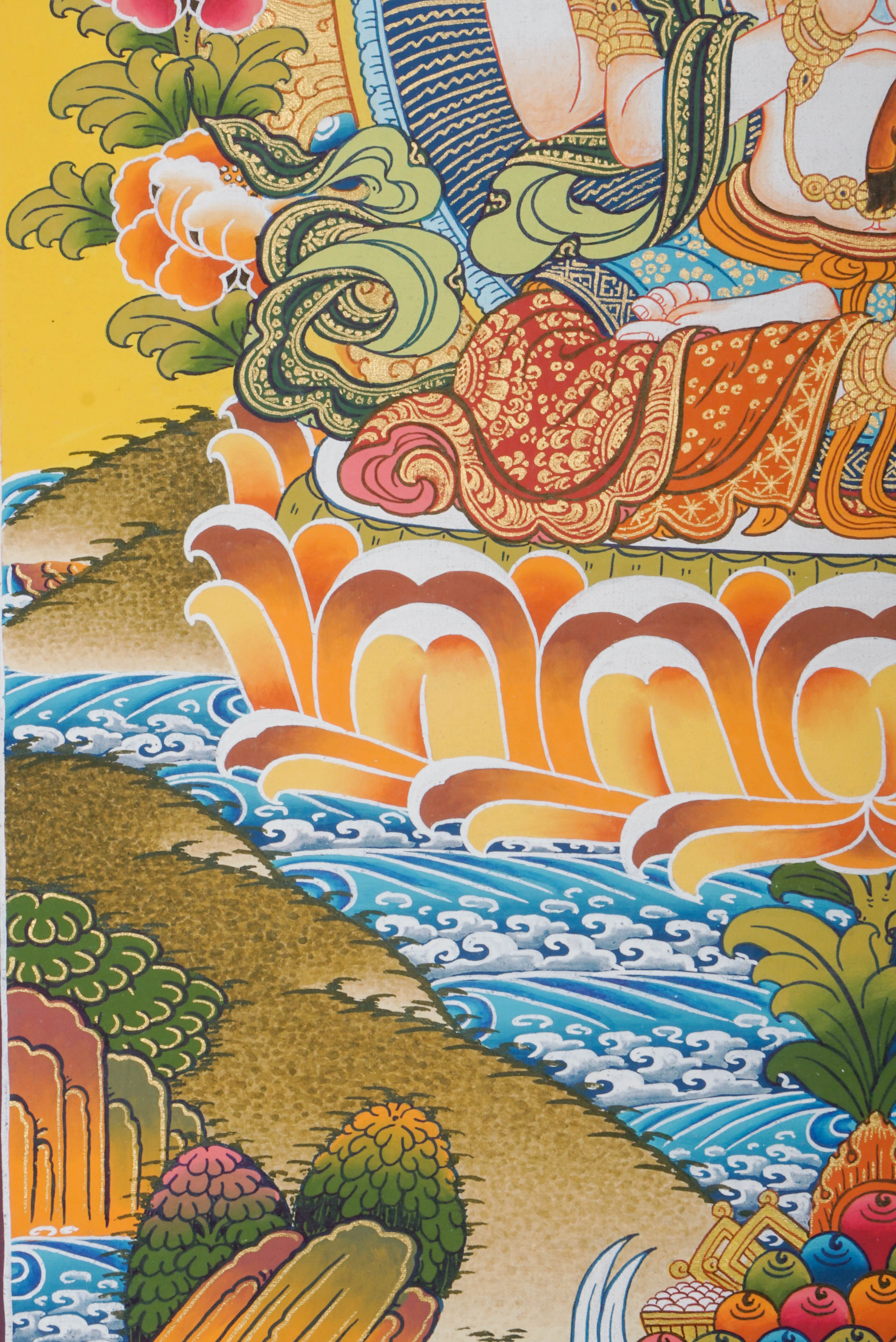 Chengresi Thangka Painting features Chenrezig (Avalokiteshvara), the Tibetan Buddhist Bodhisattva of Compassion, symbolizing unconditional love and kindness. Hand-painted by skilled Tibetan artisans using natural pigments, this authentic Thangka embodies mindfulness, spiritual healing, and meditation.
