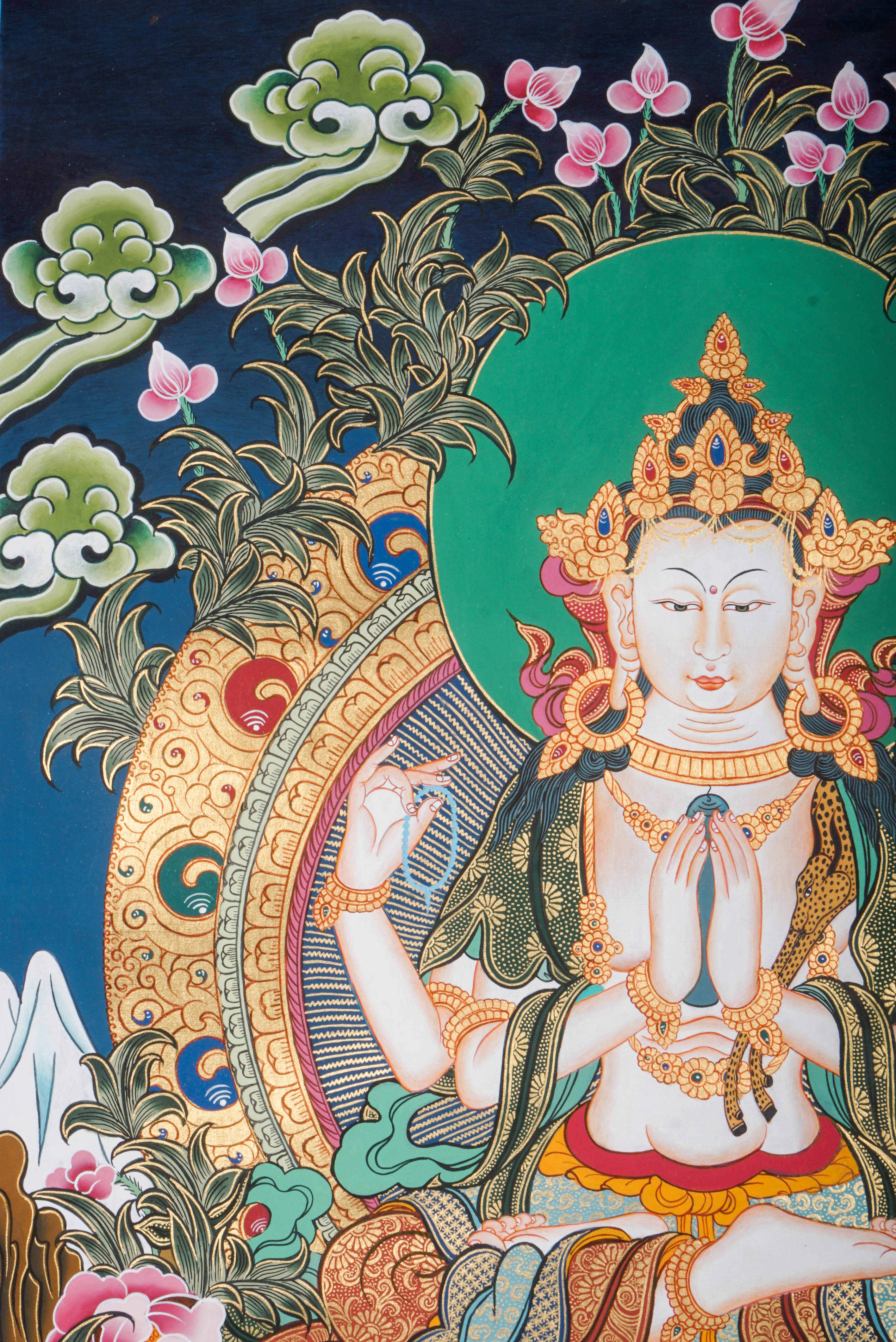 This authentic Chenrezig Thangka is a Tibetan Buddhist masterpiece that captures the Bodhisattva of Compassion in vibrant color and fine detail, bringing peace, empathy, and spiritual grace into your space.