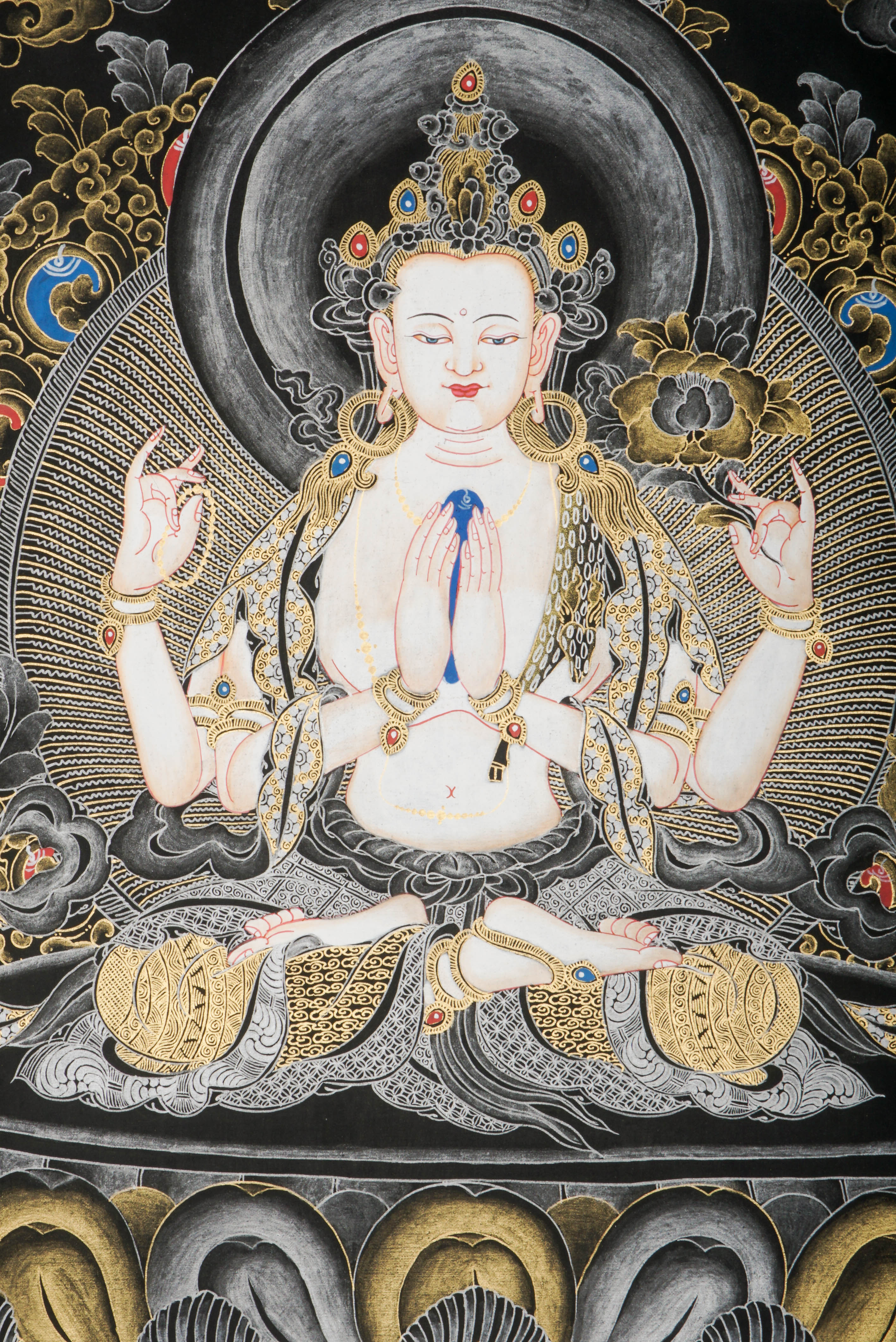 Chengresi Thangka features Chenrezig, the Tibetan Buddhist Bodhisattva of Compassion, hand-painted with natural pigments in traditional style. This authentic Tibetan Thangka embodies compassion, mindfulness, and spiritual healing.