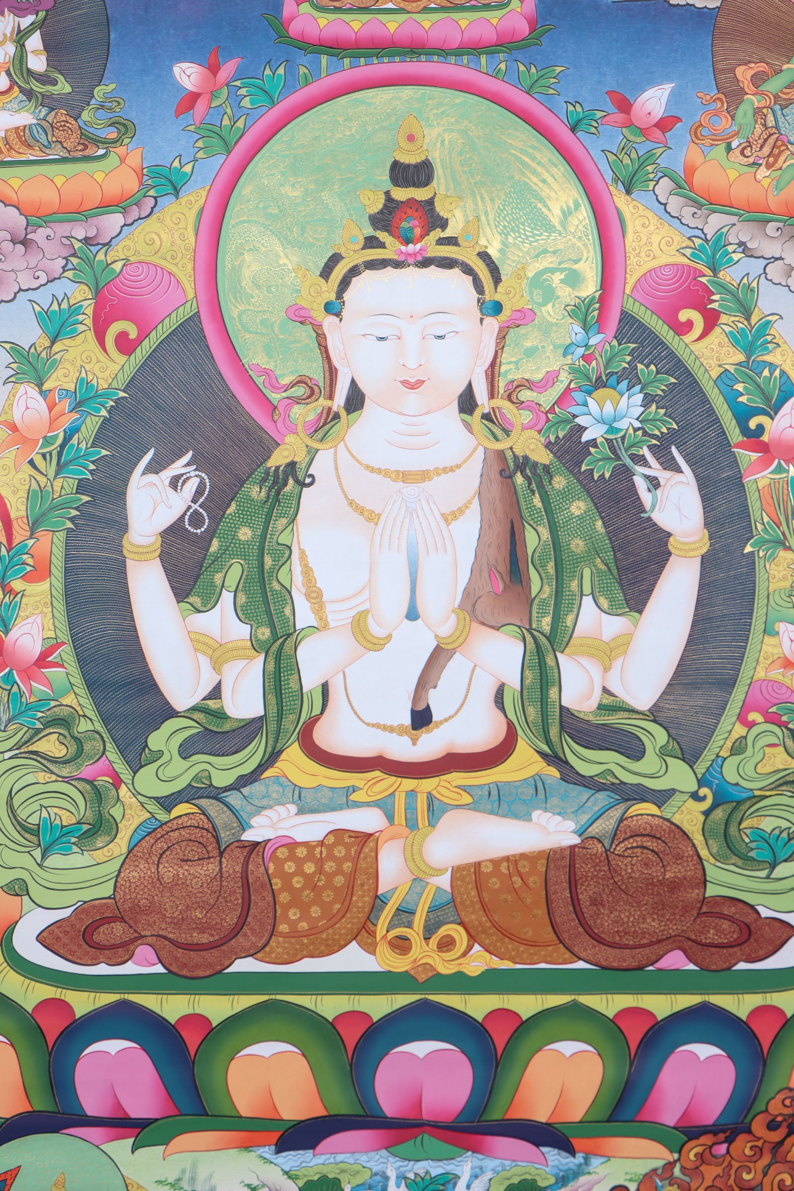 Chengresi, also known as Chenrezig or Avalokiteshvara, is the Tibetan Buddhist deity of compassion, revered for his ability to ease suffering and inspire empathy. This hand-painted Thangka captures his sacred essence with vibrant natural pigments on cotton canvas, blending spiritual depth with masterful Tibetan craftsmanship.
