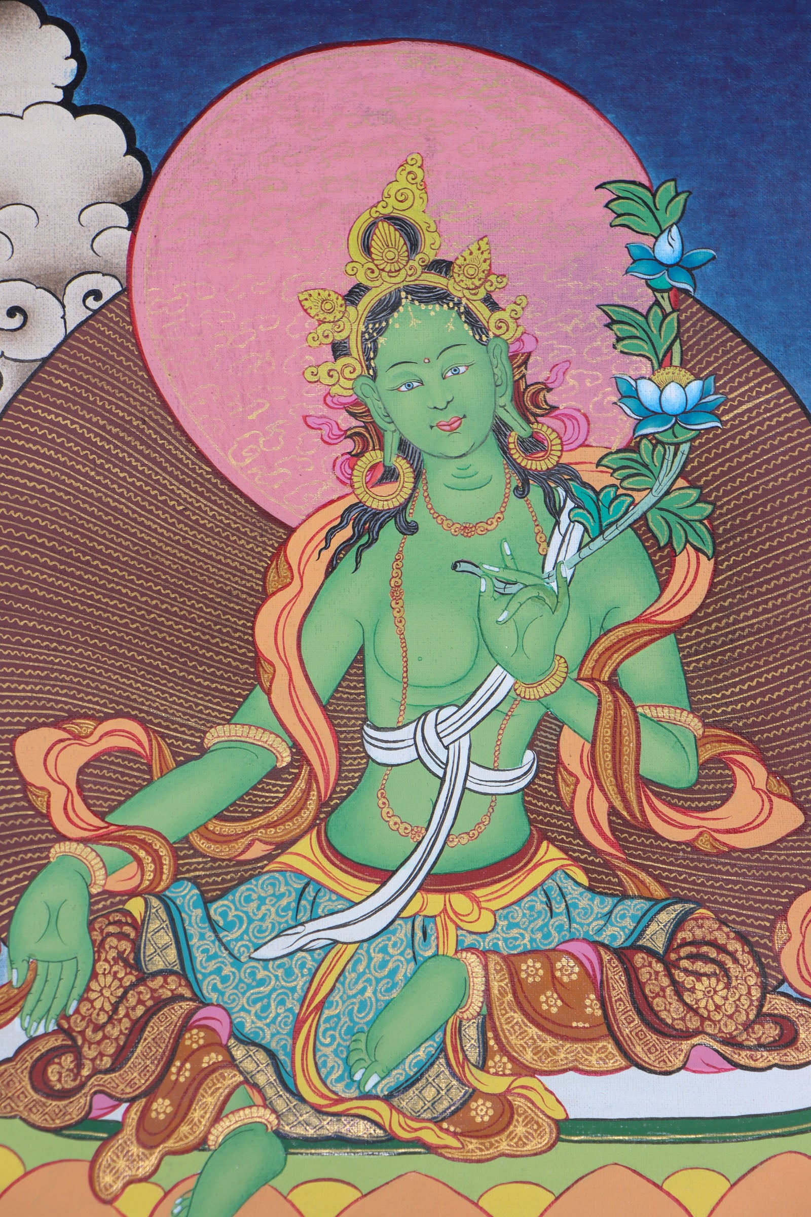 Chengresi, also known as Chenrezig or Avalokiteshvara, is the Tibetan Buddhist deity of compassion, revered for his ability to ease suffering and inspire empathy. This hand-painted Thangka captures his sacred essence with vibrant natural pigments on cotton canvas, blending spiritual depth with masterful Tibetan craftsmanship.