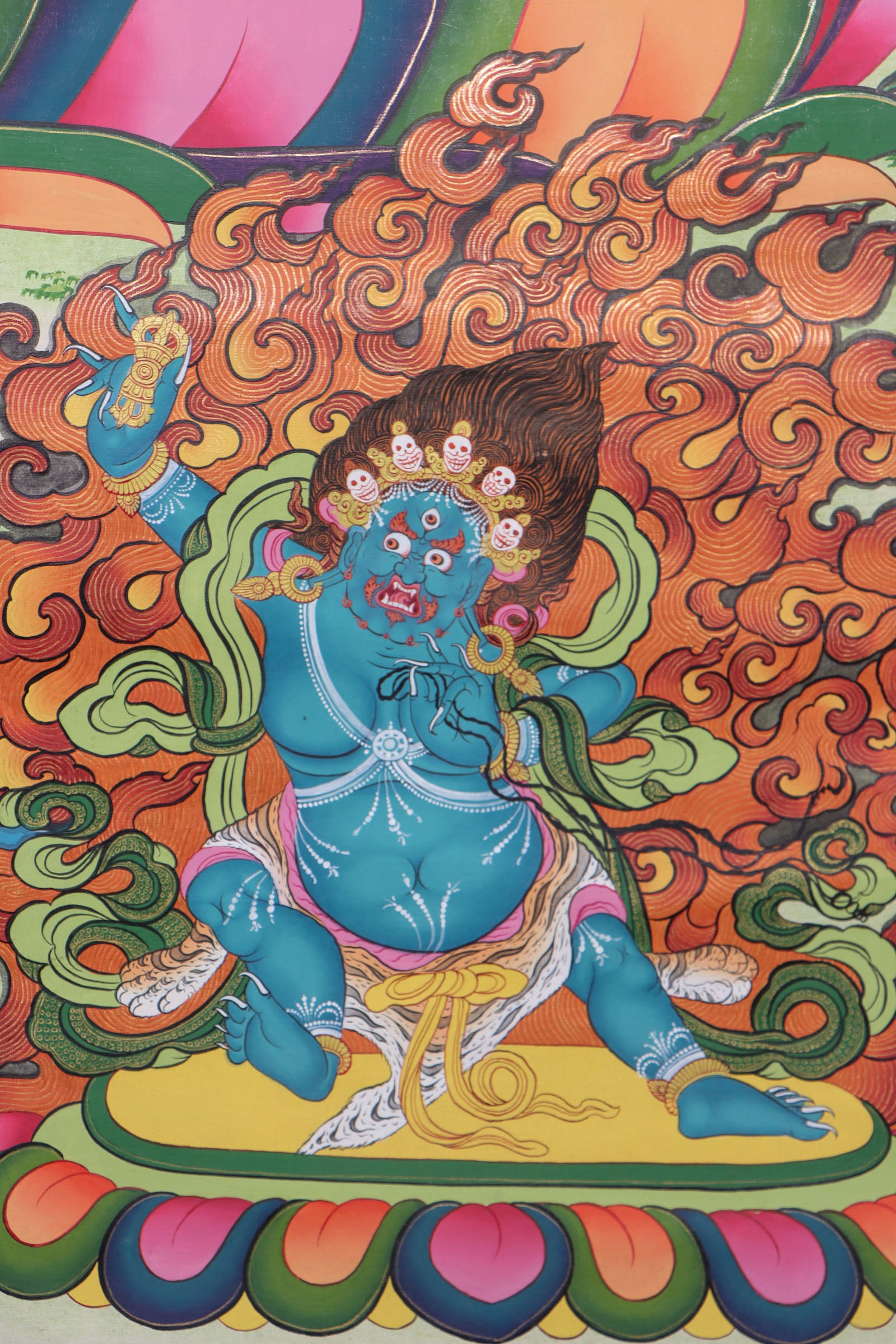 Chengresi, also known as Chenrezig or Avalokiteshvara, is the Tibetan Buddhist deity of compassion, revered for his ability to ease suffering and inspire empathy. This hand-painted Thangka captures his sacred essence with vibrant natural pigments on cotton canvas, blending spiritual depth with masterful Tibetan craftsmanship.