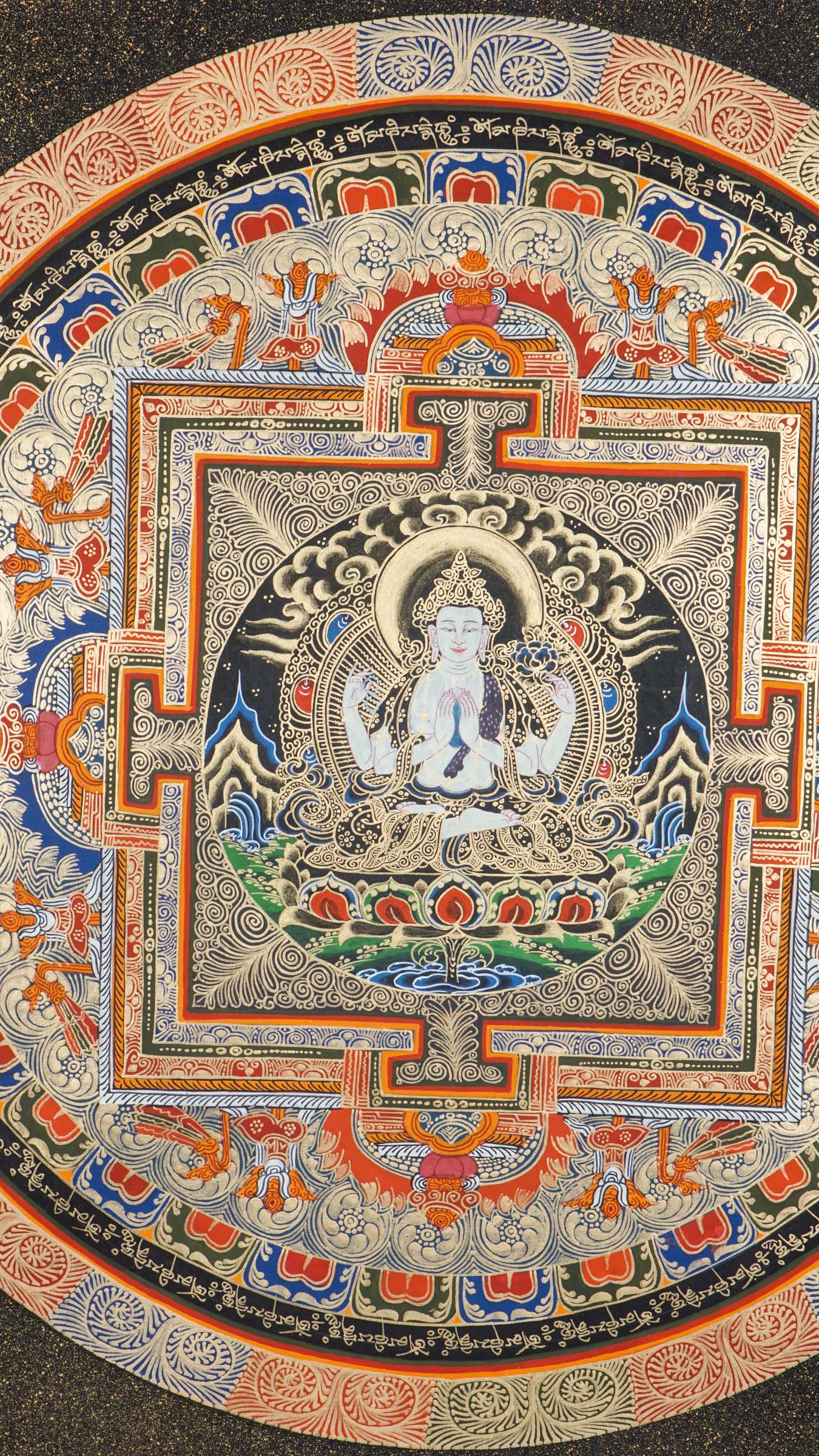 A beautifully hand-painted artwork of Round Mandala with Chengresi figure at the heart symbolizing of supreme wisdom and insight.
